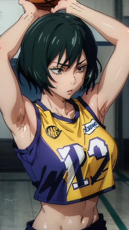 a close up of a person wearing a basketball uniform, a picture, inspired by Kentaro Miura, trending on pixiv, mai zenin, jujutsu kaisen, wearing yellow nba jersey, yellow croptop nba jersey, wearing a low cut croptop, wearing croptop, croptop, the words "Lakers" written on the croptop, golden raito, (winking), shirobako, large)}], favorite scene, fine details. anime. skins, sweating, big breasts, both hands raised, armpits, armpits visible, dripping with sweat, more more sweat, sweaty armpits