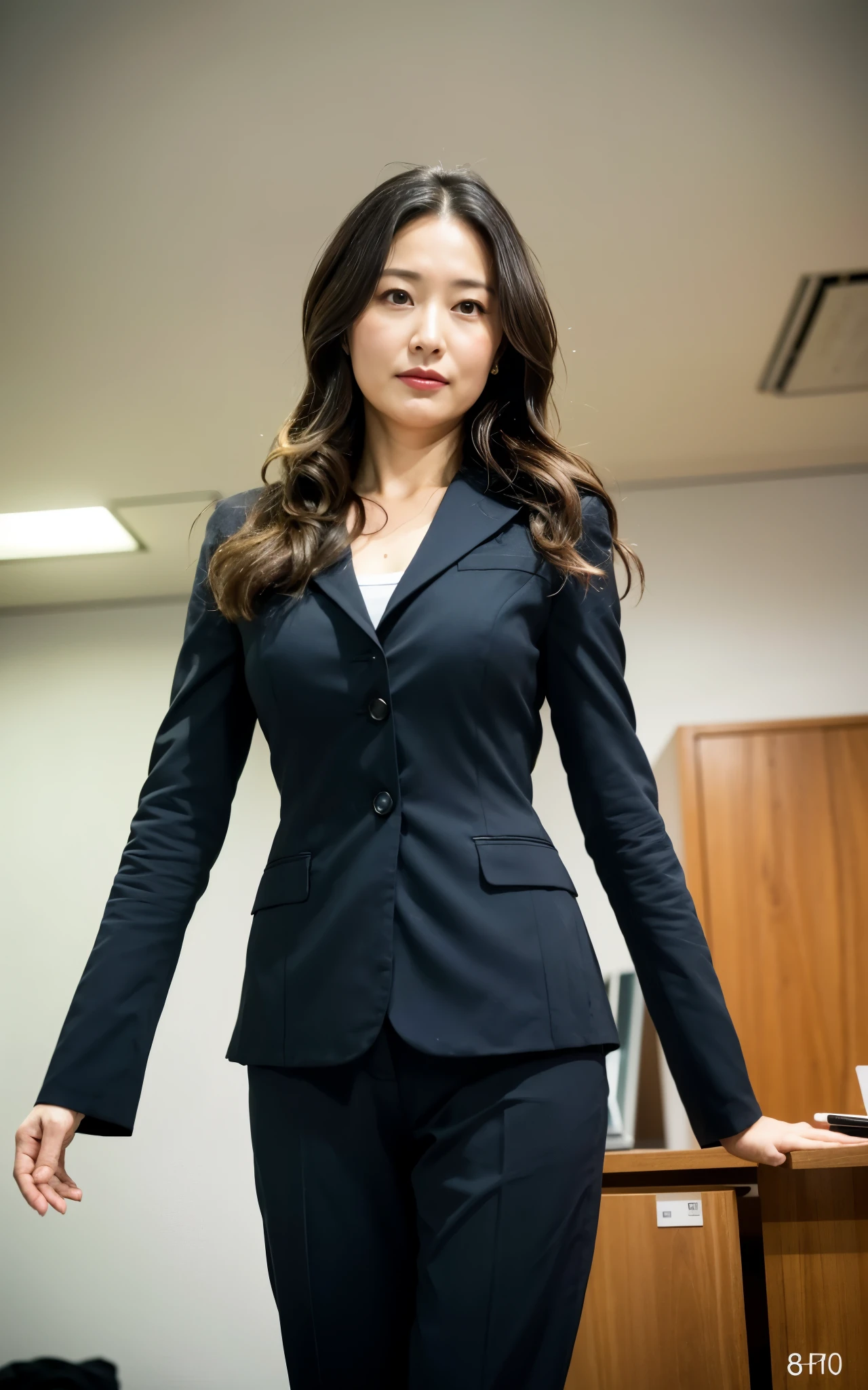 ((Best Quality, 8k, Masterpiece: 1.3)), ((face shot:0.5))Photorealistic, Sharp Focus, High Quality, High Definition, 1 Beautiful Japan Person, Business Suit, 43 Years Old, Plump, ((from below, from front)), (stand with open legs, look down at viewer), big breasts, 47 Years Old, Plump, Wavy Hair, unfocused office, ((Nobody)),