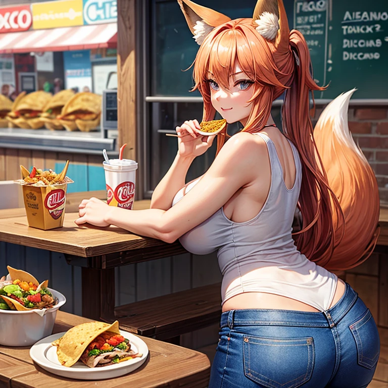 A woman with fox ears wearing a tank top and slim jeans eating a taco at a taco shop The cola is on the table Large Breasts Big Ass tall