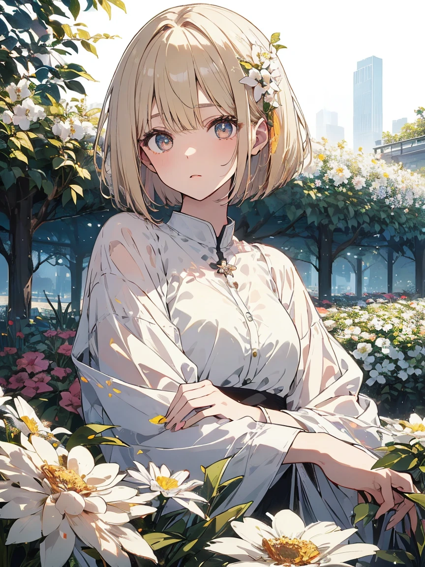 ((masterpiece))、((highest quality))、((Super detailed))、((avert your eyes))、Photo Background、Real、((Droopy eyes))、((Blonde))、((Bob) cut))、((Detailed gradient eyes))、girl、White Dress、garden、Shrubs、small white flowers、flower bed 、
