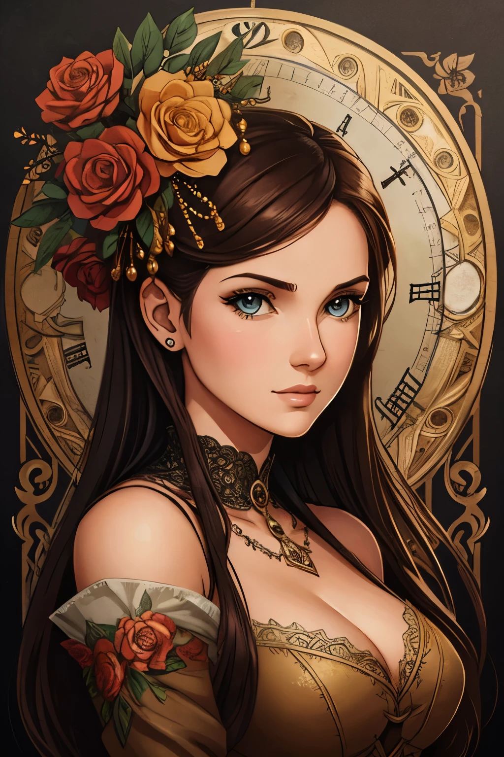 Charlie Bowater realistic Lithography sketch portrait of a woman, flowers, [gears], pipes, dieselpunk, multi-colored ribbons, old paper texture, highly detailed