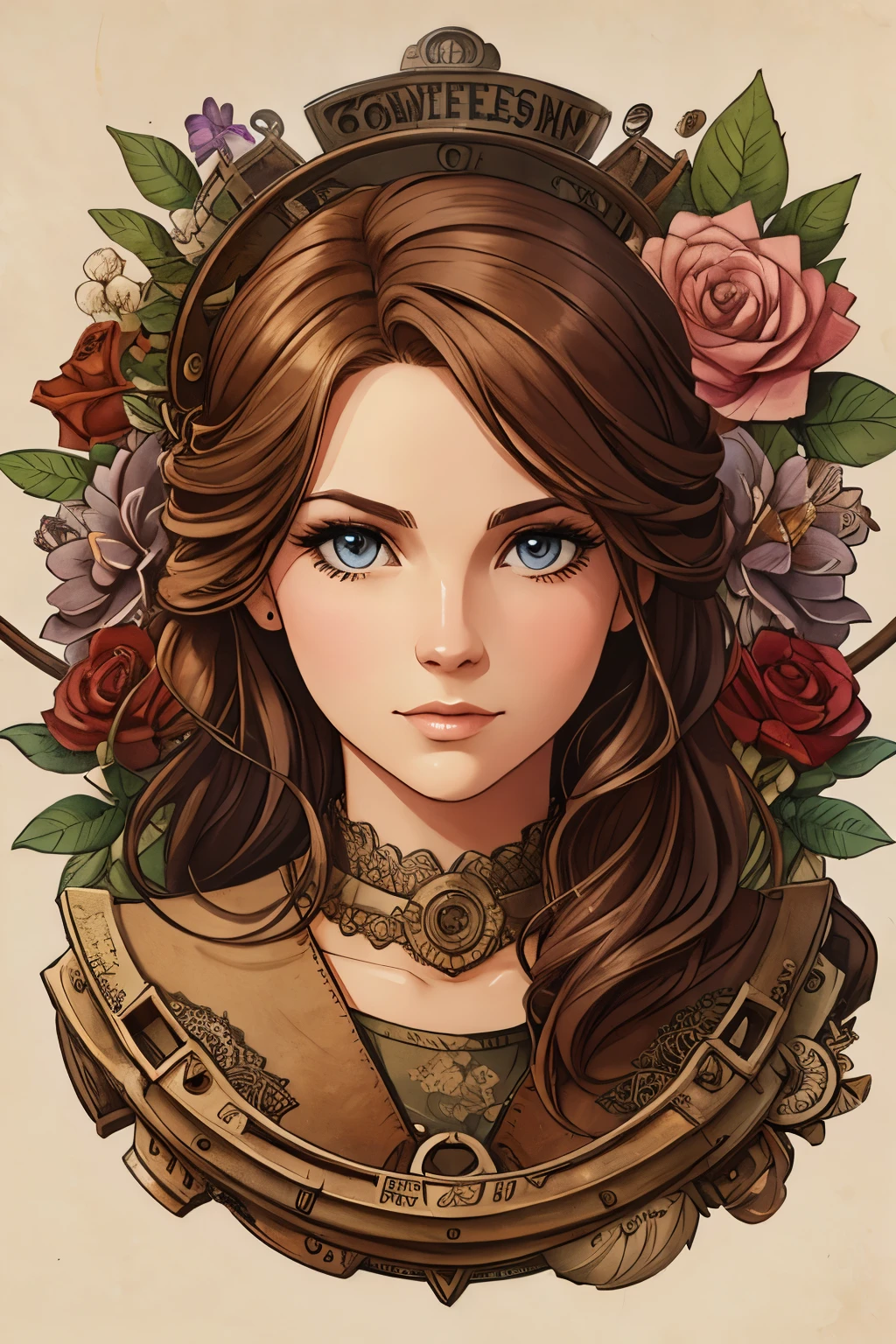 Charlie Bowater realistic Lithography sketch portrait of a woman, flowers, [gears], pipes, dieselpunk, multi-colored ribbons, old paper texture, highly detailed