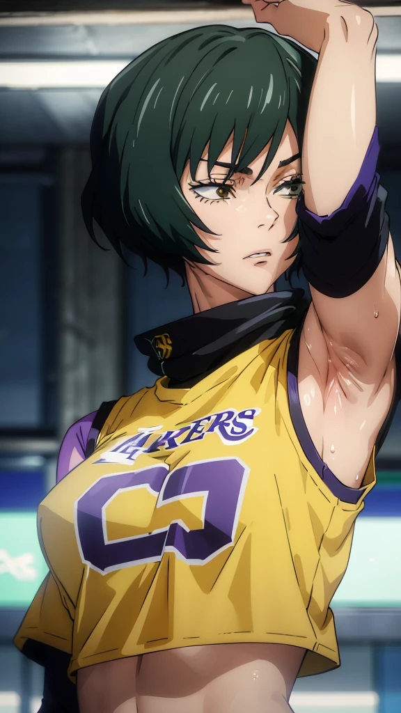 a close up of a person wearing a basketball uniform, a picture, inspired by Kentaro Miura, trending on pixiv, mai zenin, jujutsu kaisen, wearing yellow nba jersey, yellow croptop nba jersey, wearing a low cut croptop, wearing croptop, croptop, the words "Lakers" written on the croptop, golden raito, (winking), shirobako, large)}], favorite scene, fine details. anime. skins, sweating, big breasts, both hands raised, armpits, armpits visible, dripping with sweat, more more sweat, sweaty armpits