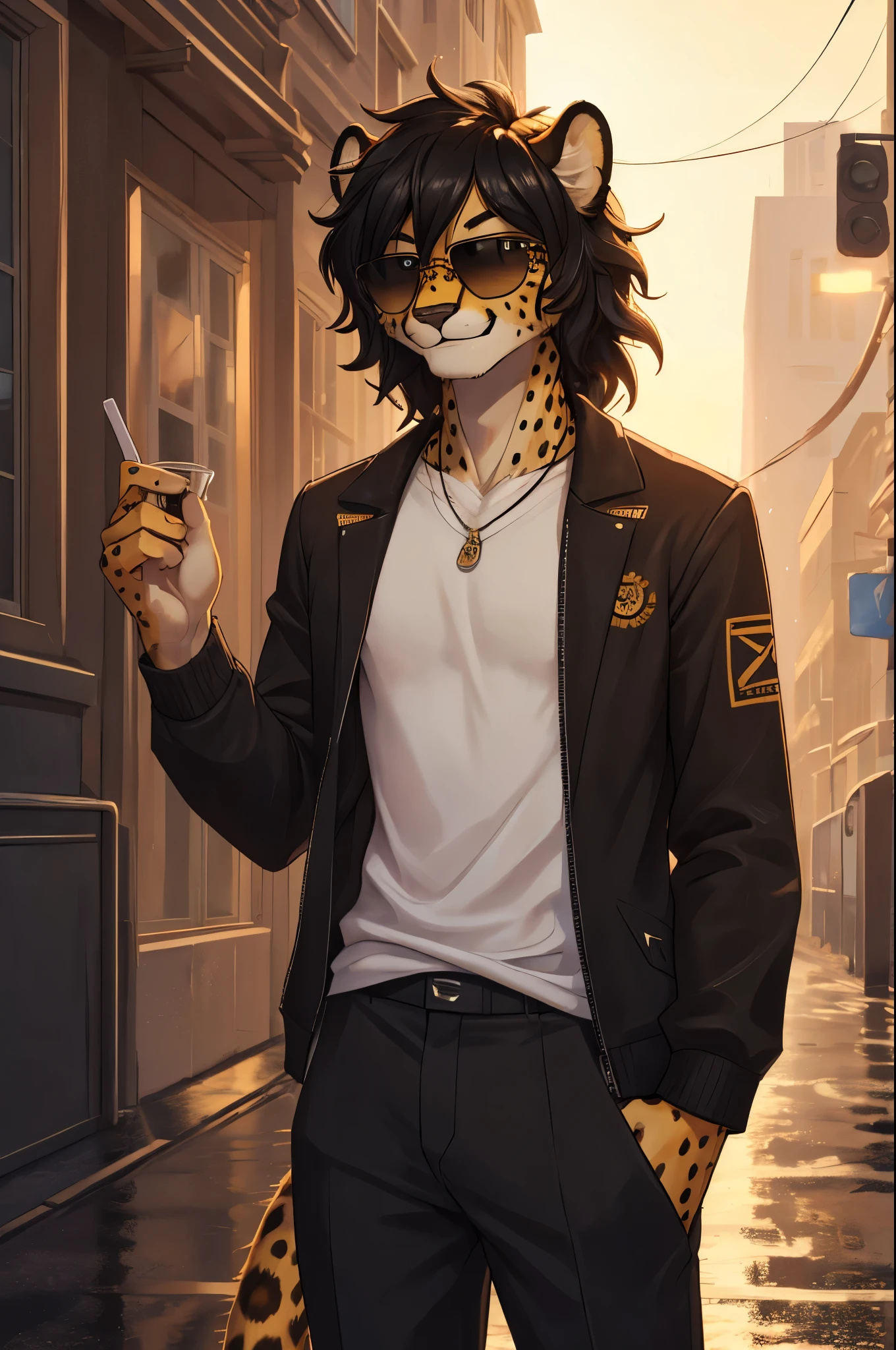 Cheetah, antro, male, solo, non-human, street clothes, Rain, younger, 20 years old, taller, messy hair, cheetah face, slim body, cheetah tail, sun glasses, black hair, little smile, furry,