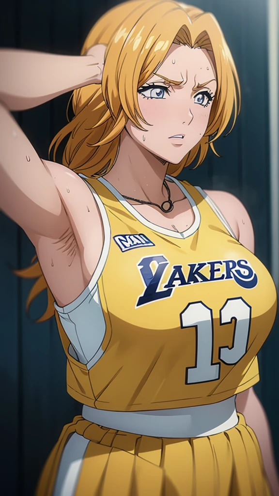 a close up of a person wearing a basketball uniform, a picture, inspired by Kentaro Miura, trending on pixiv, Rangiku Matsumoto, Bleach, wearing yellow nba jersey, yellow croptop nba jersey, wearing a low cut croptop, wearing croptop, croptop, the words "Lakers" written on the croptop, golden raito, (winking), shirobako, large)}], favorite scene, fine details. anime. skins, sweating, big breasts, both hands raised, armpits, armpits visible, dripping with sweat, more more sweat, sweaty armpits