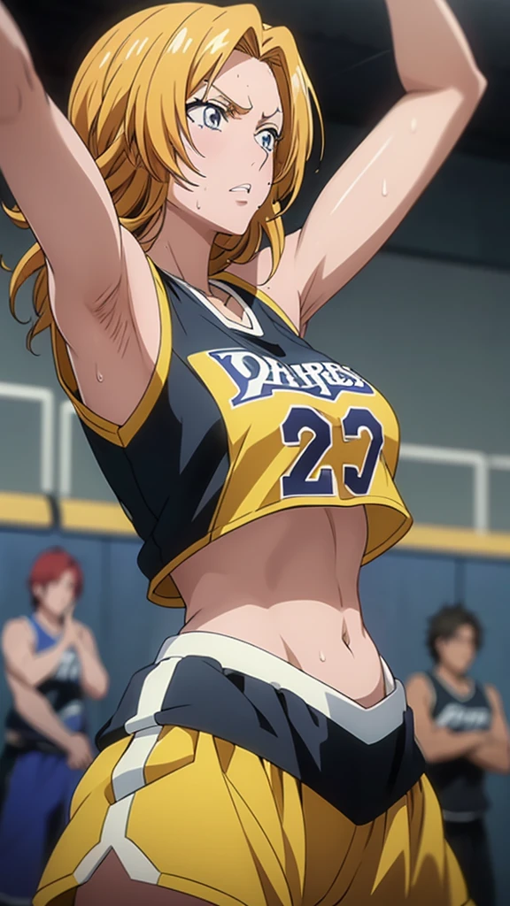 a close up of a person wearing a basketball uniform, a picture, inspired by Kentaro Miura, trending on pixiv, Rangiku Matsumoto, Bleach, wearing yellow nba jersey, yellow croptop nba jersey, wearing a low cut croptop, wearing croptop, croptop, the words "Lakers" written on the croptop, golden raito, (winking), shirobako, large)}], favorite scene, fine details. anime. skins, sweating, big breasts, both hands raised, armpits, armpits visible, dripping with sweat, more more sweat, sweaty armpits