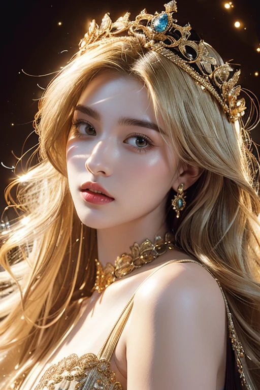 (Photorealistic:1.5),((Detailed beautiful face, detailed beautiful wide eyes)),((masterpiece,ultra high quality, ultra high resolution:1.2)),((realistic skin, very detailed details:1.2)),(unity 16K wallpaper:1.1),(HD quality,HDR),((The style of a surrealist painter, a masterpiece of ultra-realistic portraits, an epic work of a photography expert)),((nikon d750 f/1.4 55mm)),((dynamic angle,professional lighting, physically-based rendering)),((Bright colors)),((Portrait)),((Venus of the East)),ultra detailed 8k cg,intricate detail,delicate patern,wearing an expensive crown,jewelry,gem,gold,golden,gold theme,shiny,glint,sparkle,blonde hair,yellow cloak,Gorgeous gold ornaments, intricate details,ornate jewelry accessories,Gorgeous fringe, intricate details,Various gemstones:1.2),rich,prestige,gothic architecture,Billionaire, with a lot of money in the background