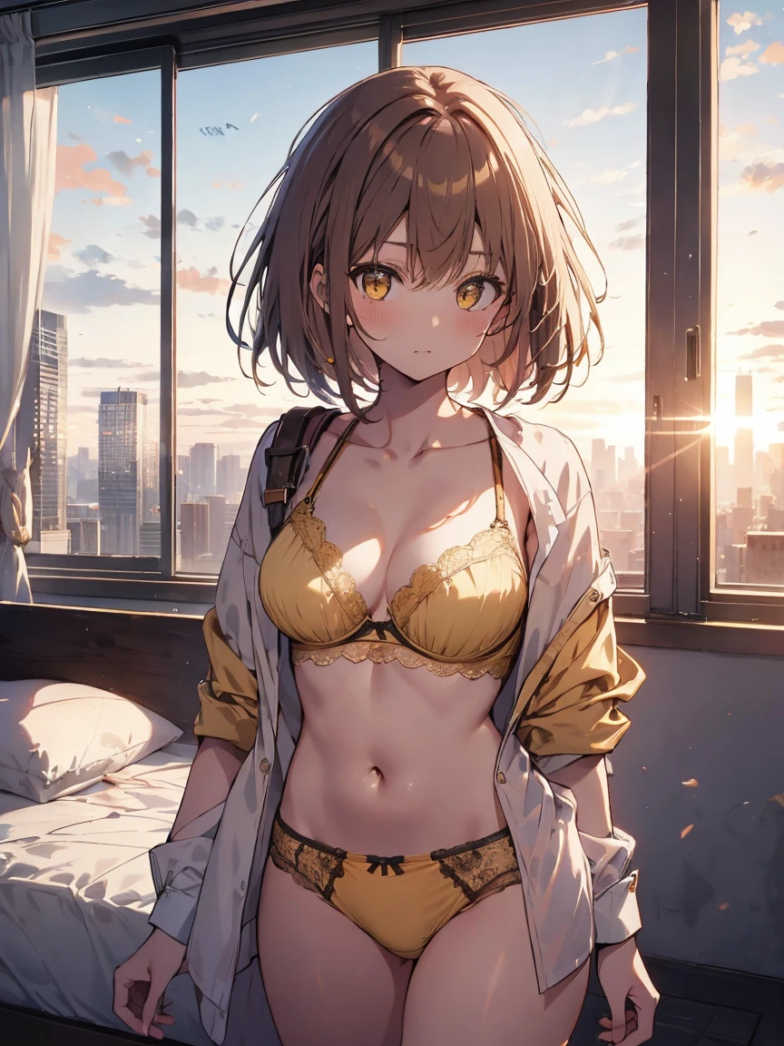 masterpiece, best quality, ultra-high resolution, 8k, wallpaper, perfect anatomy, perfect body, changing clothes, bedroom, evening, cute face, tareme, brown short hair, messy hair, sleepy, sunset through the window, , open clothes, age, collarbone, navel, standing, open eyes, holding clothes, girly panties, normal breast, open shirt, cowboy shot, portrait, golden eyes, pink bra, (yellow panties:1.3), ,mioha,jyojipan, cotton panties, picot lace