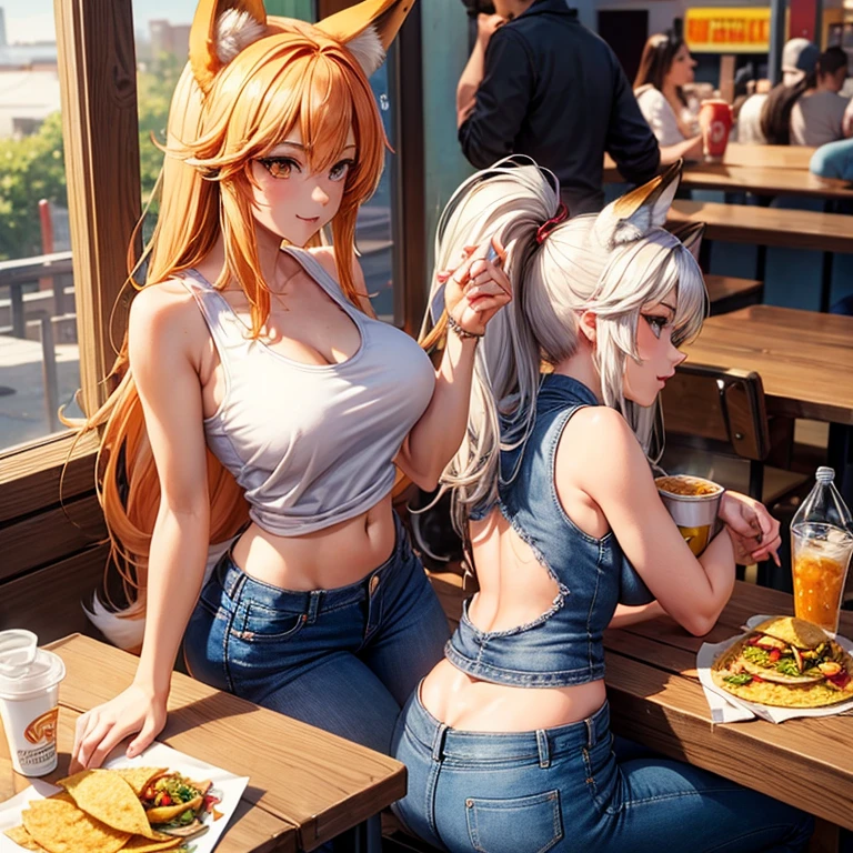 A woman with fox ears wearing a tank top and slim jeans eating a taco at a taco shop The cola is on the table Large Breasts Big Ass tall