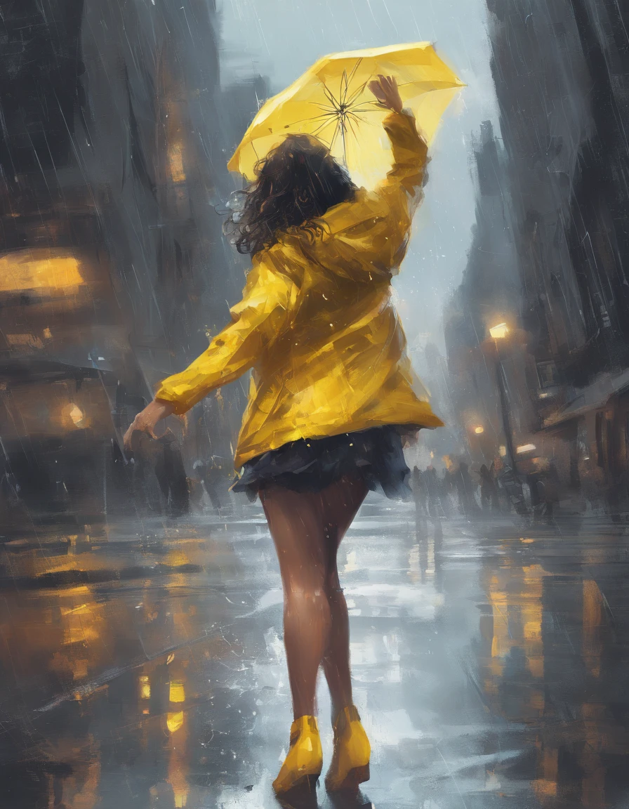 Woman in yellow jacket dancing in the rain