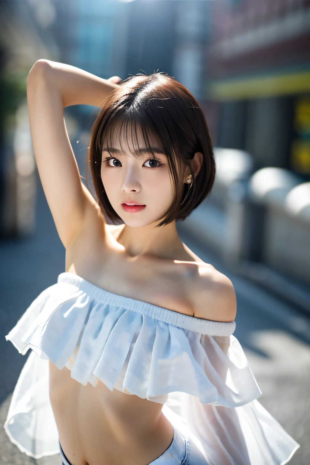 1 girl, (Armpits are fully visible:1.4)、(Standing looking at the camera:1.5)、(Wear a large, loose, tube-shaped off-the-shoulder organza garment on bare skin.:1.6),(small, Flat Chest:1.7)、 (Looking into the camera:1.5)、Beautiful Japanese actresses,
Photogenic, Yukihime, Long eyelashes, Snowflake Earrings,
(RAW Photos, highest quality), (reality, reality的:1.4), (flying debris),
Beautiful details, Beautiful lip detail, Highly detailed eyes and face,
BREAK is perfect anatomy, The whole body is thin, small breasts, (short hair:1.3), Angel'smile,
Crystal Skin, Wake up, Capture the light
