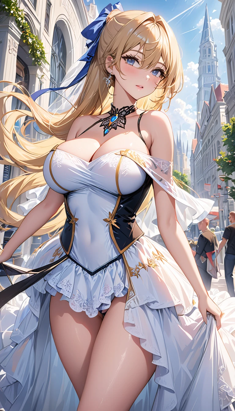 masterpiece:1.4,best-quality,Super Detail,Very Delicate and Beautiful, beautiful sexy idol, blonde hair, very gigantic breasts, cleavage, very slender, perfect face, fancy clothes, off-shoulder, panties, thong, in city