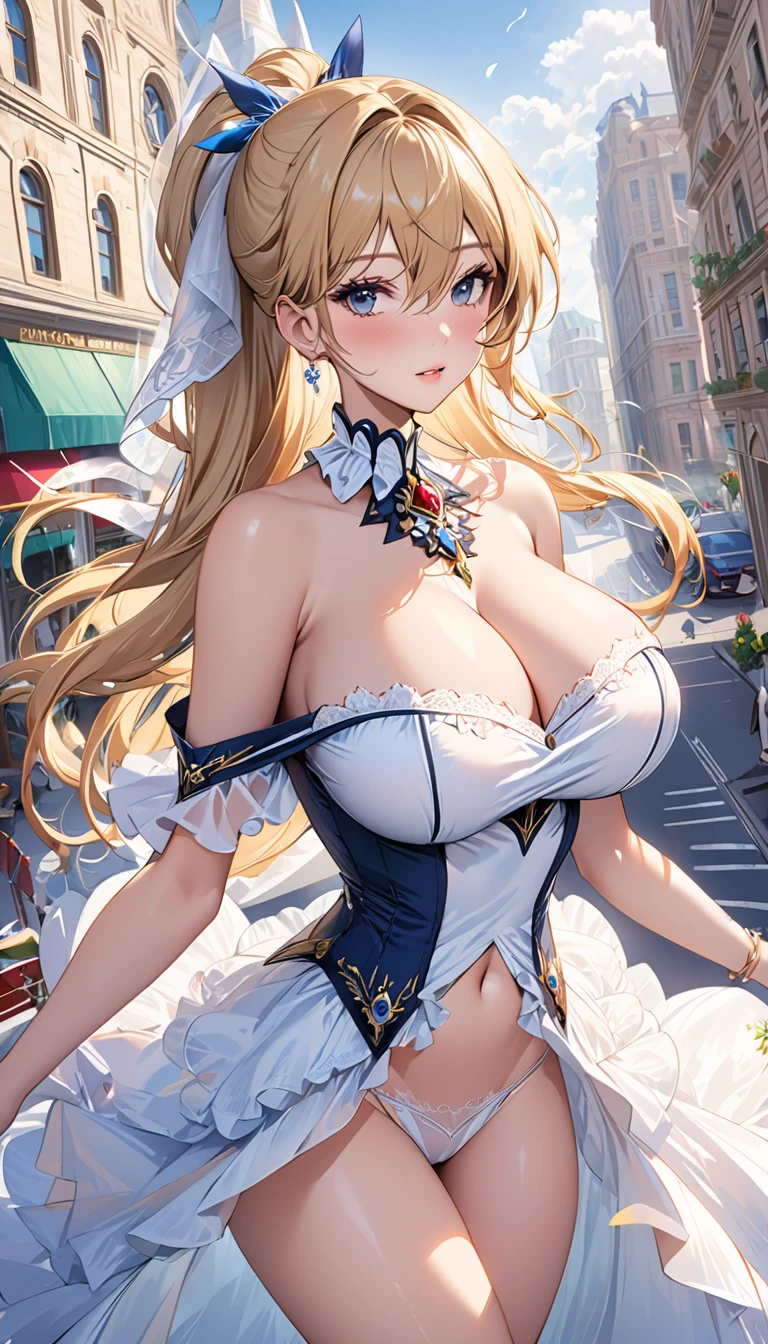 masterpiece:1.4,best-quality,Super Detail,Very Delicate and Beautiful, beautiful sexy idol, blonde hair, very gigantic breasts, cleavage, very slender, perfect face, fancy clothes, off-shoulder, panties, thong, in city