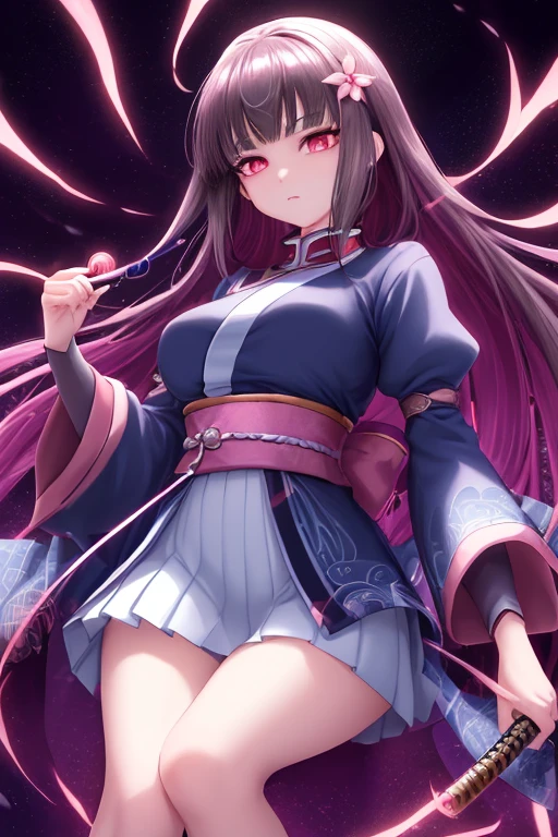 Nezuko sitting in a magical place, holding a katana in her hand, wearing a short, mid-thigh skirt, a white top, with beautiful detailed eyes and lips, an extremely detailed face with long eyelashes. The artwork is of the best quality, in 4k, 8k, high resolution, a masterpiece at a 1.2 intensity. The image is ultra-detailed and realistic, with a photorealistic effect at a 1.37 intensity. The art style is anime, specifically portraits. The colors are vivid, with studio lighting that accentuates the sharp focus. The overall image has an HDR effect.

In the scene, Nezuko is sitting in a magical place, surrounded by enchanting and ethereal elements. The place exudes a sense of mystery and wonder, with sparkling lights and floating particles in the air. The magical atmosphere is enhanced by the vibrant colors, creating a visually captivating experience. Nezuko's expression is serene and determined, with her eyes emanating a captivating gaze.

The katana she holds in her hand is intricately designed and shines with a mystical aura. The details on the katana, such as the patterns on the blade and the hilt, are meticulously rendered. The short, mid-thigh skirt Nezuko wears adds a touch of elegance and femininity to her character. The white top she wears highlights her delicate features and complements the vibrant colors of the surroundings.

The scene is bathed in studio lighting, which emphasizes the depth and dimension of the artwork. The sharp focus brings out the fine details of Nezuko's eyes and face, capturing every nuance and expression. The HDR effect adds dynamic range to the image, enhancing the overall visual impact.

The artwork portrays Nezuko in a stunning and captivating manner, showcasing her beauty and strength. The combination of the anime art style, vivid colors, and the magical setting creates a visually striking and immersive experience for the viewers.

Please generate the Stable Diffusion prompt accordingly.