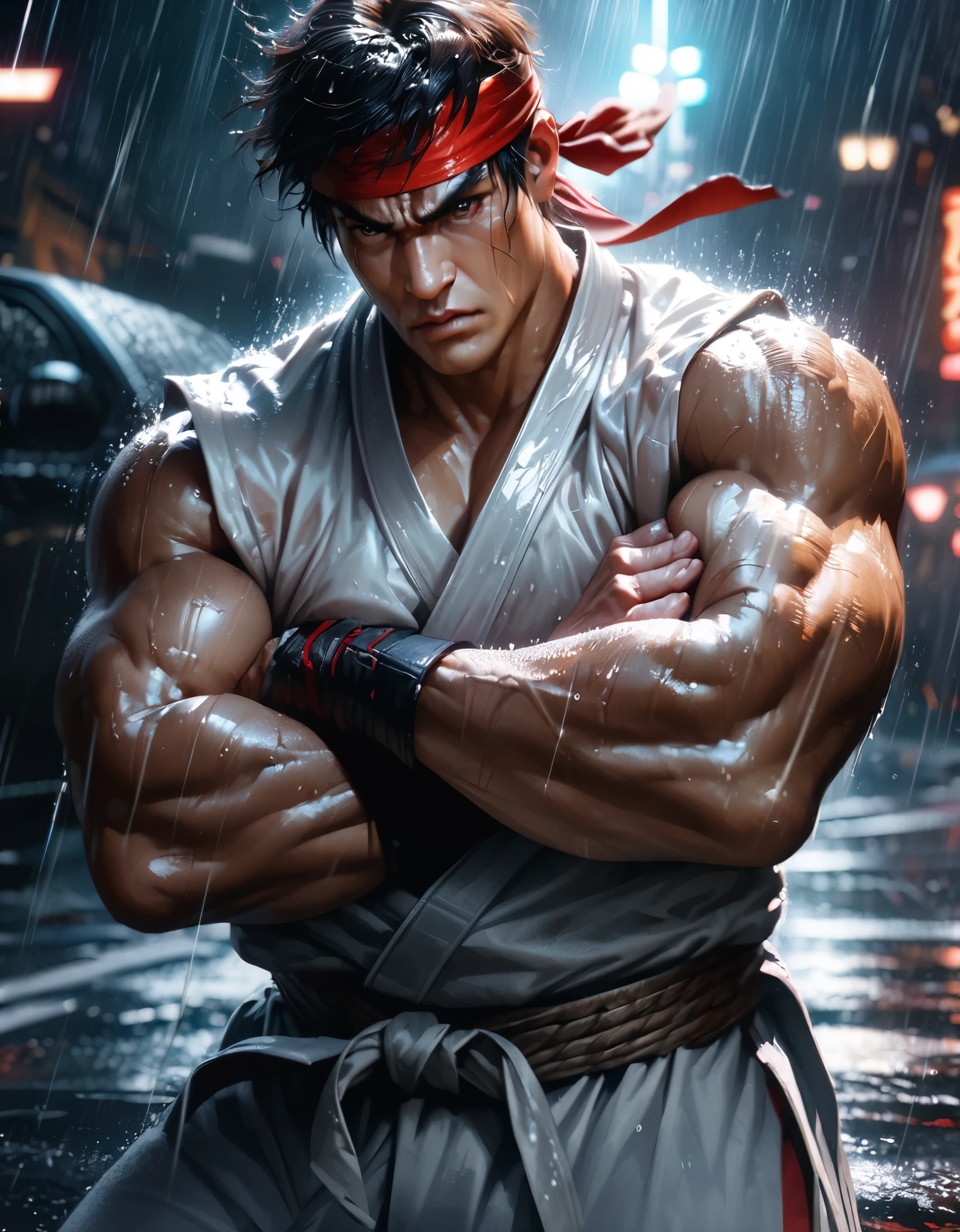 (cinematic image, Street Fighter character: Ryu, detailed face and body, white sleeveless karate gi, red headband, crossed arms), (best quality, ultra-detailed, realistic:1.37), heavy rain, dramatic lighting