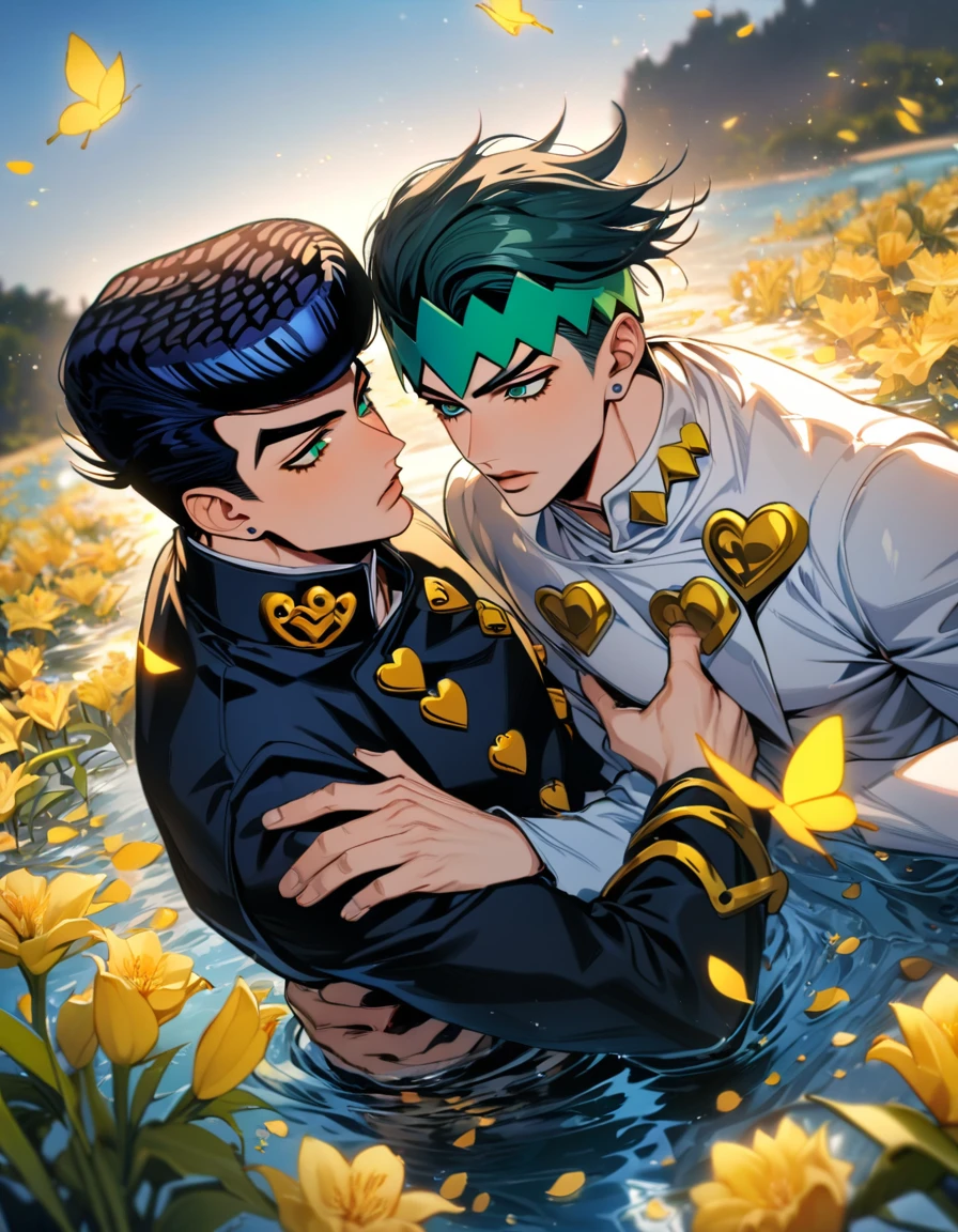 absurdres, highres, ultra detailed, HDR, master piece, best quality, Kishibe Rohan, dark green hair, expressive green eyes, jojo bizarre adventure, Josuke Higashikata, dark blue hair, expressive blue eyes, two sexy men together, gay couple, handsome, black clothes, white clothes, water, yellow butterflies, yellow lilies, petals