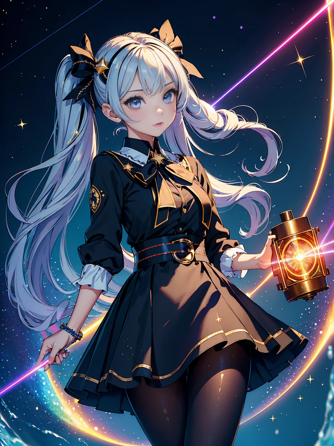 (masterpiece, exquisite, With rich detail and the highest image quality),colorful background,1 girl,close,very big eyes,Color Gradient Hair,(skirt laser:1.2),pantyhose,laser,laser shining star,beautiful fine water,bust,,twin tails,hair ribbon,star hair ornament,long eyelashes,  