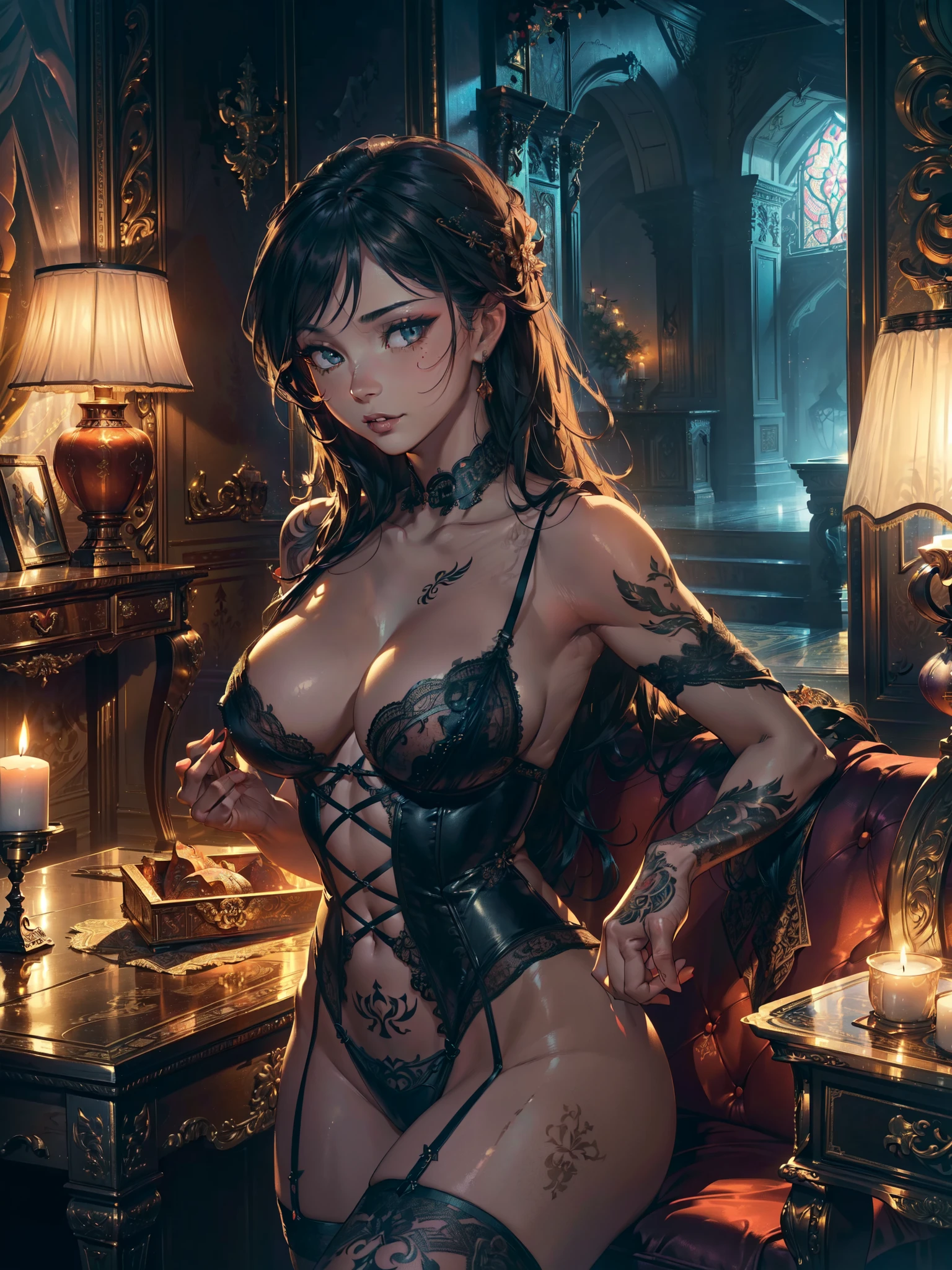 (a girl, a woman, a beautiful woman, a seductive woman), (best quality, highres, ultra-detailed), (realistic, photo-realistic:1.37), (portraits, erotic art), (colorful, vibrant), (dramatic lighting), (castle, luxurious), (room, elegant room, opulent room), (silk headscarf, sexy headscarf), (lingerie, revealing lingerie), (stockings, lace stockings), (intricate tattoos, detailed tattoos), (dimly lit, sultry atmosphere), (cozy ambiance, intimate feel), (feminine, sensual), (sexy gaze, alluring eyes), (confident expression, provocative look), (curly hair, flowing hair), (soft skin, flawless skin), (ornate decor, lavish decorations), (velvet furniture, plush furniture), (candlelight, flickering candles), (captivating charm, irresistible allure), (inspiring composition, captivating pose), (fine craftsmanship, exquisite details), (intriguing story, mysterious narrative), (attractive curves, elegant figure), (seductive smile, alluring lips), (seductive poses, sensual postures), (relaxing atmosphere, seductive atmosphere), (mysterious background, intriguing backdrop), (delicate lace patterns, intricate lace details), (subtle shadows, sensual shadows), (sophisticated beauty, irresistible beauty), (fierce confidence, alluring confidence), (passionate energy, seductive energy), (artistic masterpiece, captivating masterpiece), (visual feast, sensual experience), (alluring seductress, enchanting presence), (fascinating details, mesmerizing elements), (sensual femininity, alluring femininity), (erotic artistry, captivating art), (provocative allure, seductive charm).