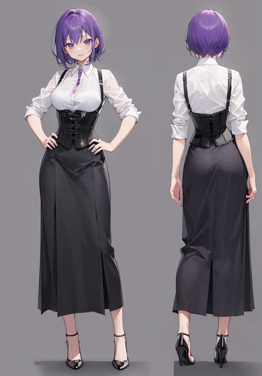 Purple hair,short hair,Adult female,(bartender),((Roll up your shirt sleeves)),(Rolling up the sleeves of his shirt),(corset),(skirt),(High heels),((Simple Background)),smile,((whole body)),((full body)),Character Sheet,