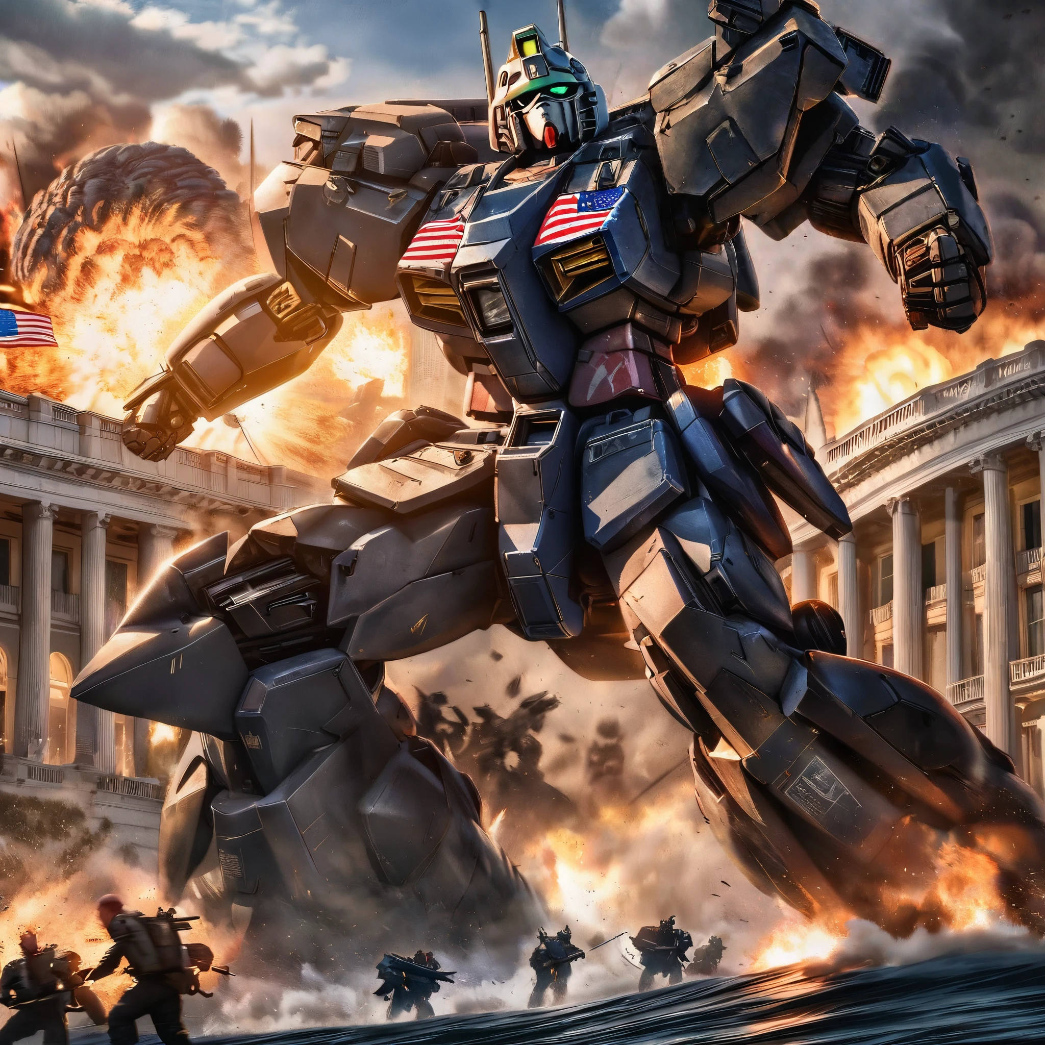 president Trump,white house,Gundam,military,piloting,liberating,democrat,rat bastards,strong,dominant,heroic,commanding,powerful,confident,ironclad,invincible,mecha suit,triumphant,battle,weaponry,ultimate showdown,explosions,action-packed,high-stakes,skyscraper,shattered windows,smoke-filled air,unyielding,resolute,courageous,fierce determination,unwavering,politics,leader,America,United States,patriotism,American flag,,independence,brave,triumph,contrasting colors,dramatic lighting,urban landscape,moving forward,victory,history-making,iconic image,,defending,landmark,grandiose,adrenaline rush,unstoppable,massive destruction,defiant,rising sun,reflections,dominating the sky,spectacular,monumental,awesome power,overwhelming force,military precision,bold maneuvers,striking silhouette,majestic presence,commander-in-chief,roaring engines,battleship,unstoppable force,ensuring a promising future,inspiring,awe-inspiring,engine rumbling,unforgiving,commanding attention,decisive,unshakable resolve,breathtaking scene,immersive,vibrant colors,pride,history-defining.