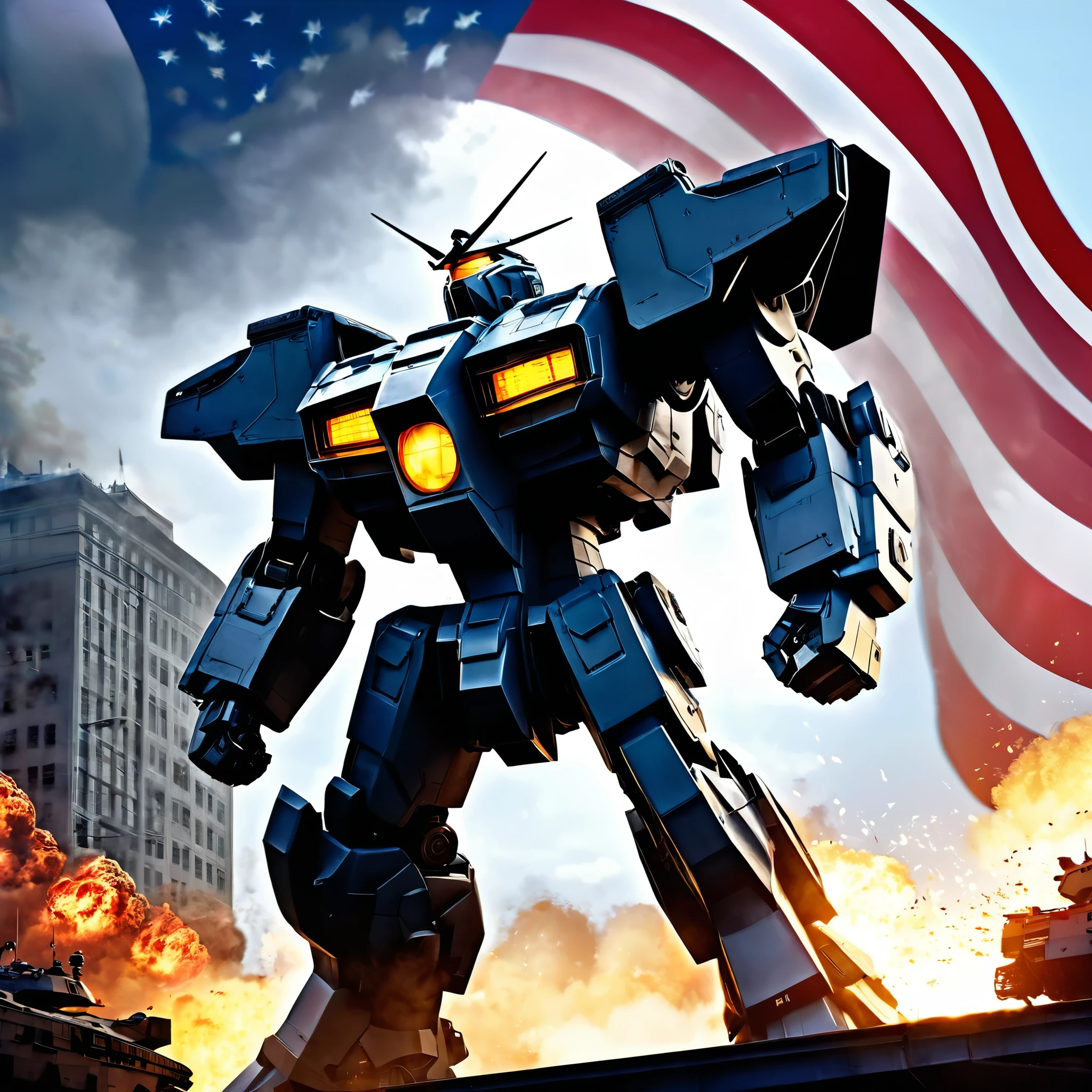 president Trump,white house,Gundam,military,piloting,liberating,democrat,rat bastards,strong,dominant,heroic,commanding,powerful,confident,ironclad,invincible,mecha suit,triumphant,battle,weaponry,ultimate showdown,explosions,action-packed,high-stakes,skyscraper,shattered windows,smoke-filled air,unyielding,resolute,courageous,fierce determination,unwavering,politics,leader,America,United States,patriotism,American flag,,independence,brave,triumph,contrasting colors,dramatic lighting,urban landscape,moving forward,victory,history-making,iconic image,,defending,landmark,grandiose,adrenaline rush,unstoppable,massive destruction,defiant,rising sun,reflections,dominating the sky,spectacular,monumental,awesome power,overwhelming force,military precision,bold maneuvers,striking silhouette,majestic presence,commander-in-chief,roaring engines,battleship,unstoppable force,ensuring a promising future,inspiring,awe-inspiring,engine rumbling,unforgiving,commanding attention,decisive,unshakable resolve,breathtaking scene,immersive,vibrant colors,pride,history-defining.