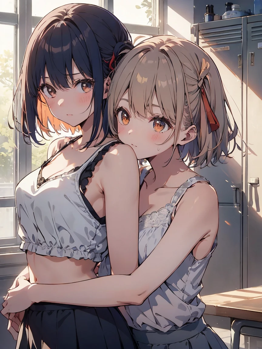 (highest qualityのイラスト:1.2), (cute girl:1.1), (1 girl, alone:1), (2 girls、17 years old、、、small、cute、cute、small胸、 Very detailedな目:1.2)、(Yuri、kiss、Hug from behind、grab、eyes half closed、eye contact:1.Sweat、I was embraced、blush:1.1)、 break White Bra、ピンクのgood、Blue Bra、Green bra、Grey Bra、light Grey Bra、 Striped bra、水玉模様がgood、goodチェック柄、 cute、good、kids good、sporty、camisole、Cotton panties、School Skirt、Blake Black Hair、Blue Hair、Brown Hair、extra belly short hair、 short hair、Middle Hair、Hair length、Wavy Hair、Curly Hair、Pale pink braids、Princess Cut、Bobcut、Twin tails、低いTwin tails、 ponytail、ライトブルーのローponytail、break(locker room:1.2)、(evening、evening、Orange sunlight:1.2)、 break(highest quality、Very detailed、Very detailed and beautiful 、超A high resolution、Arm details:1.2)、Browsing Caution　Beautiful Pool