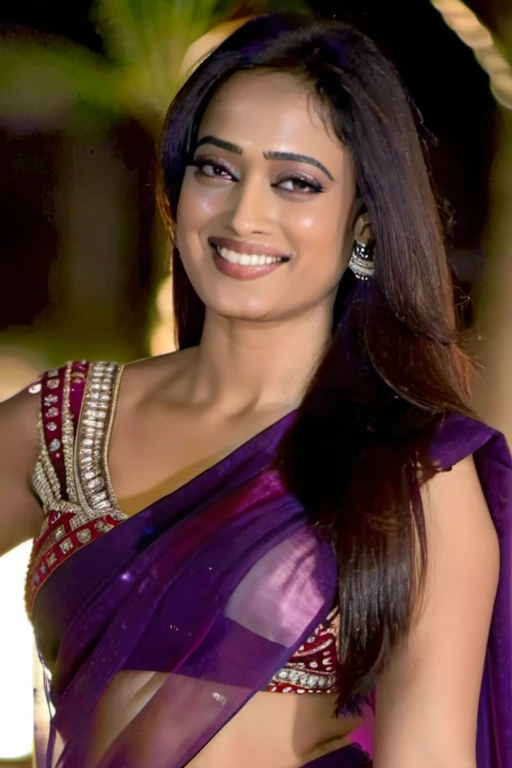 ultrarealistic close up photo of a thin woman, Shweta Tiwari, outdoors, realistic skin texture, sharp features, looking looking at camera, (marathi_saree:1.2), smiling, night time, beautiful bokeh, film grain, no skirt, big ass, bent over.