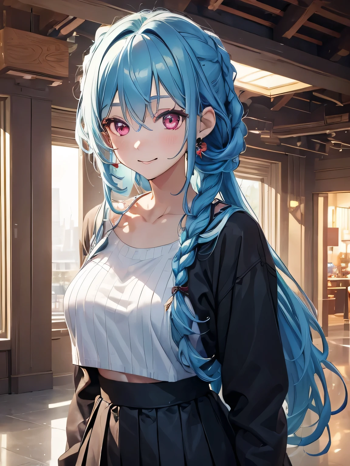 (masterpiece, best quality:1.4), 8k, Light blue Hair, Messy Braided hair, Young adult, anime girl, smile, teasing, light Red Eyes, big chest, in the Mall, Black cropped Sweater, (detailed eyes and face, sharp pupils, realistic pupils:0.6)