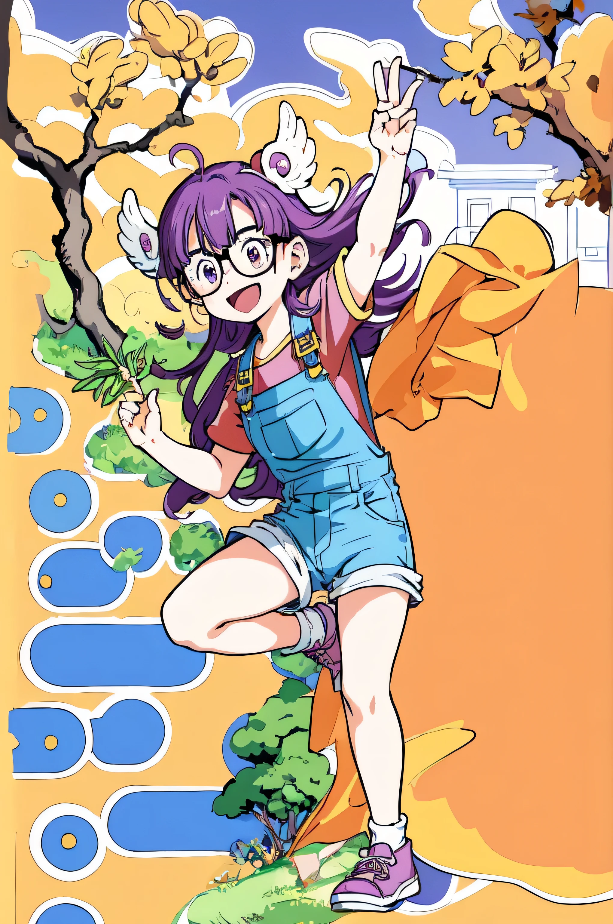 (masterpiece, highest quality, Anime image quality, High resolution, Anime Style, Clean brush strokes, Very detailed, Perfect ???????),One girl, alone, Arale, Glasses, Blue Order, Long Hair,Purple Hair, Short sleeve, Wing Hat, Wing Cap, Red Shirt, (Overalls Jeans、blue), Low Body、Chunky、(Have a tree branch、Poop sting)、 smile,Cheerful pose, refer to4Bookの中に親refer to1Book, (Gravel road、Village Background)、