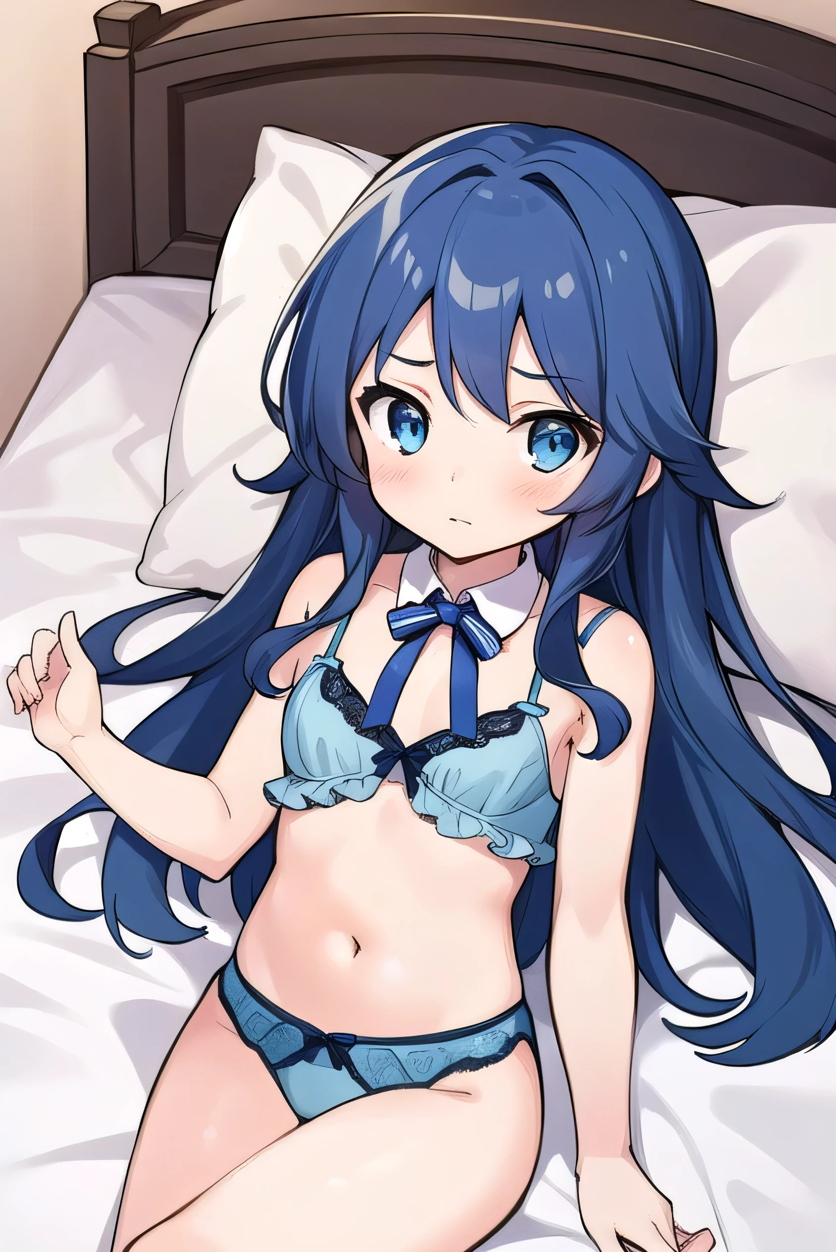 small breasted girl, short, , blue hair, long hair, blue eyes, round eyes, shy, shy, , short, young face, short height, , ,Lingerie Set,bed,bed,lying on back