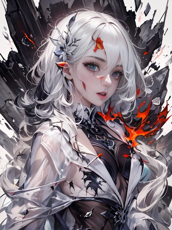 Russian women、Ecstatic expression、Ink painting、Close-up of face、vampire、白赤のSymmetric, artistic,Upper body close-up、 all her clothes are torn,collapse,  Yin, Eye focus, , Too much exposed skin, Exposed body parts, Decadence, Ruin, Dirt, Broken Mirror，White-red segmentation，with sublevel rack，Eroded by darkness and light，Dynamic pose、Symmetric}}}}, {{{Hyper-detailed}}}, {{{High resolution}}}, {{Good anatomy}}, (((Best Quality))), ((So delicately beautiful)), {{We are very meticulous、Delicate}}, {8K CG wallpaper}, {{An illustration}}, (color background grayscale:1.1), Ray Tracing, Background bokeh, Black Background, (Splash ink:1.3), 1 Girl , Solo,, white.Symmetric, artistic,  burst, collapse,  Yin, ,Too much exposed skin，赤い涙ラックとwhiteペイント，Are broken
