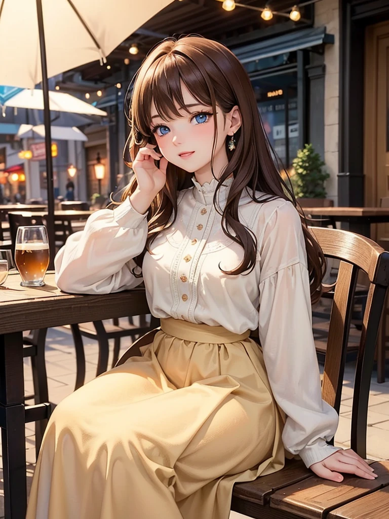 (master piece),(top-quality:1.2),1 girl,exquisite details,Ultra-detailed,Vibrant colors, Soft tones, With warm and gentle lighting,ponytale brown hair,Glowing hair,(blue eyes:1.3),beautiful detailed eyes,pale skin,A gentle feeling overflows, Warm golden glow,cowboy shot,An atmosphere full of happiness and laughter,A style that combines romanticism and realism,depth of love,color palettes,Create an ethereal atmosphere like a dream,Soft and diffuse lighting,masterpiece artwork, girl sitting in sidewalk cafe wearing a beige dress and brown long skirt,a cup of coffee on table