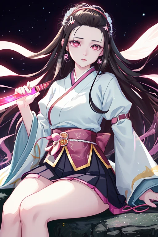 Nezuko sitting in a magical place, holding a katana in her hand, wearing a short, mid-thigh skirt, a white top, with beautiful detailed eyes and lips, an extremely detailed face with long eyelashes. The artwork is of the best quality, in 4k, 8k, high resolution, a masterpiece at a 1.2 intensity. The image is ultra-detailed and realistic, with a photorealistic effect at a 1.37 intensity. The art style is anime, specifically portraits. The colors are vivid, with studio lighting that accentuates the sharp focus. The overall image has an HDR effect.
In the scene, Nezuko is sitting in a magical place, surrounded by enchanting and ethereal elements. The place exudes a sense of mystery and wonder, with sparkling lights and floating particles in the air. The magical atmosphere is enhanced by the vibrant colors, creating a visually captivating experience. Nezuko's expression is serene and determined, with her eyes emanating a captivating gaze.
The katana she holds in her hand is intricately designed and shines with a mystical aura. The details on the katana, such as the patterns on the blade and the hilt, are meticulously rendered. The short, mid-thigh skirt Nezuko wears adds a touch of elegance and femininity to her character. The white top she wears highlights her delicate features and complements the vibrant colors of the surroundings.
The scene is bathed in studio lighting, which emphasizes the depth and dimension of the artwork. The sharp focus brings out the fine details of Nezuko's eyes and face, capturing every nuance and expression. The HDR effect adds dynamic range to the image, enhancing the overall visual impact.
The artwork portrays Nezuko in a stunning and captivating manner, showcasing her beauty and strength. The combination of the anime art style, vivid colors, and the magical setting creates a visually striking and immersive experience for the viewers.
Please generate the Stable Diffusion prompt accordingly.