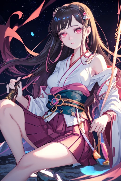 Nezuko sitting in a magical place, holding a katana in her hand, wearing a short, mid-thigh skirt, a white top, with beautiful detailed eyes and lips, an extremely detailed face with long eyelashes. The artwork is of the best quality, in 4k, 8k, high resolution, a masterpiece at a 1.2 intensity. The image is ultra-detailed and realistic, with a photorealistic effect at a 1.37 intensity. The art style is anime, specifically portraits. The colors are vivid, with studio lighting that accentuates the sharp focus. The overall image has an HDR effect.
In the scene, Nezuko is sitting in a magical place, surrounded by enchanting and ethereal elements. The place exudes a sense of mystery and wonder, with sparkling lights and floating particles in the air. The magical atmosphere is enhanced by the vibrant colors, creating a visually captivating experience. Nezuko's expression is serene and determined, with her eyes emanating a captivating gaze.
The katana she holds in her hand is intricately designed and shines with a mystical aura. The details on the katana, such as the patterns on the blade and the hilt, are meticulously rendered. The short, mid-thigh skirt Nezuko wears adds a touch of elegance and femininity to her character. The white top she wears highlights her delicate features and complements the vibrant colors of the surroundings.
The scene is bathed in studio lighting, which emphasizes the depth and dimension of the artwork. The sharp focus brings out the fine details of Nezuko's eyes and face, capturing every nuance and expression. The HDR effect adds dynamic range to the image, enhancing the overall visual impact.
The artwork portrays Nezuko in a stunning and captivating manner, showcasing her beauty and strength. The combination of the anime art style, vivid colors, and the magical setting creates a visually striking and immersive experience for the viewers.
Please generate the Stable Diffusion prompt accordingly.