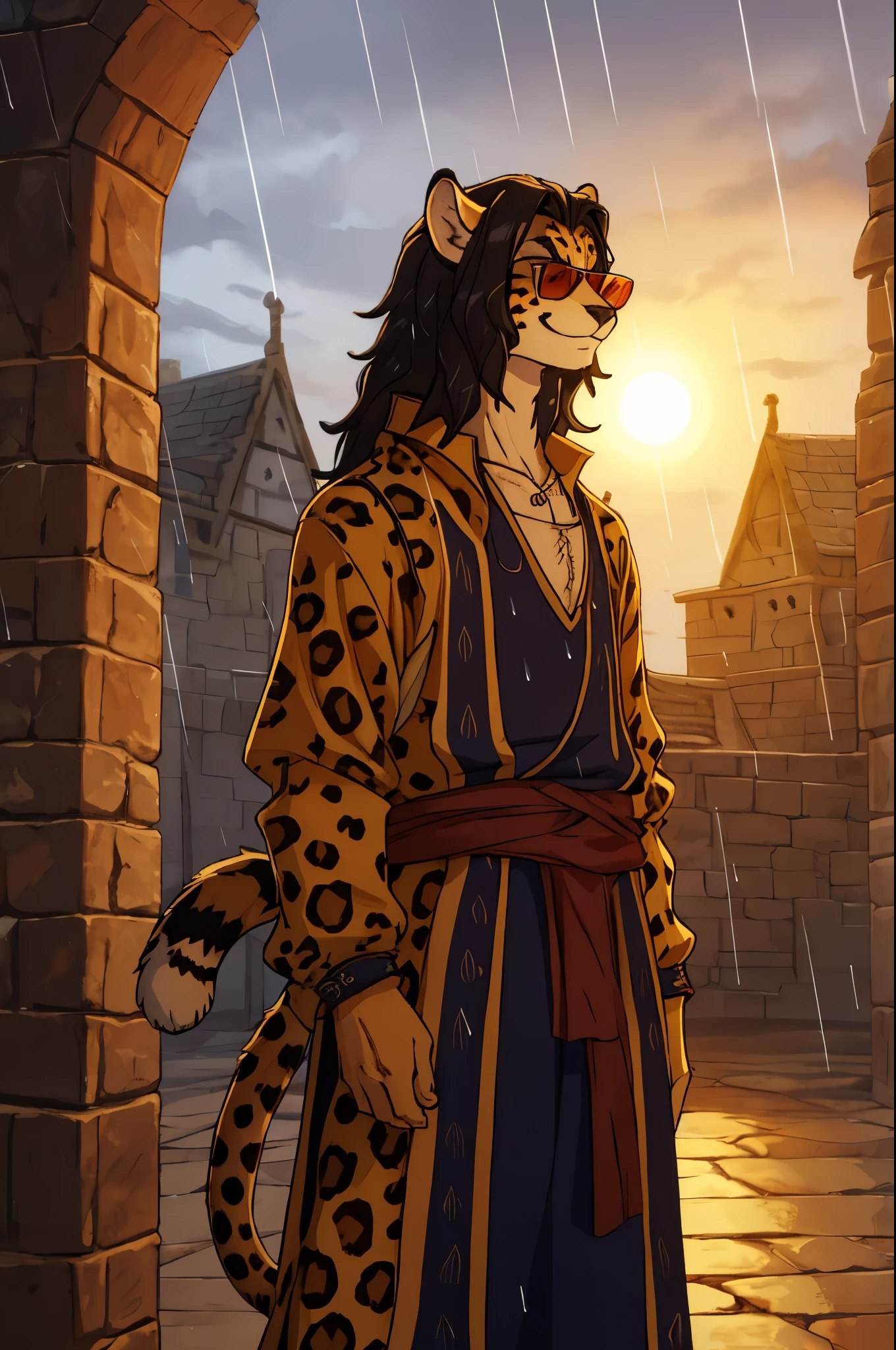 Cheetah, antro, male, solo, non-human, medieval clothes, Rain, younger, 20 years old, taller, messy hair, cheetah face, slim body, cheetah tail, sun glasses, black hair, little smile, furry