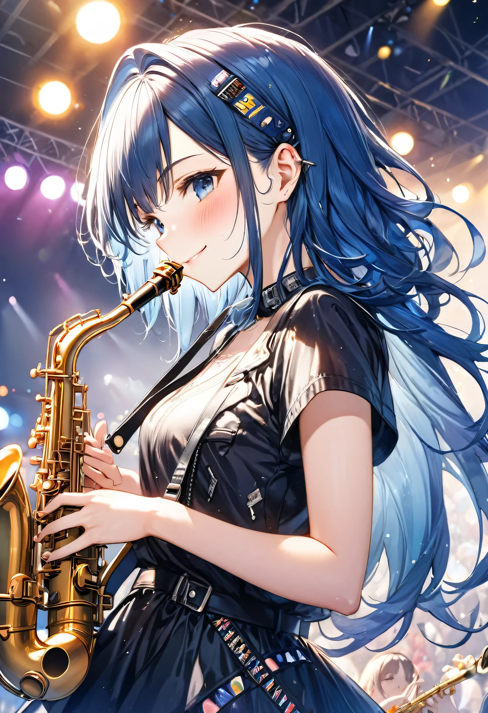 (panoramic in the Concert Venues), profile ((punk girls band style)) (in a sexy punk dress) (soko:1.4 forehead blue hair long hair lovely girl is Saxophone player, yo, lovely blue eyes, blushing, love smile), (playing detailed:1.3 Saxophone), BREAK, perfect anatomy, masterpiece, best quality, 16k.