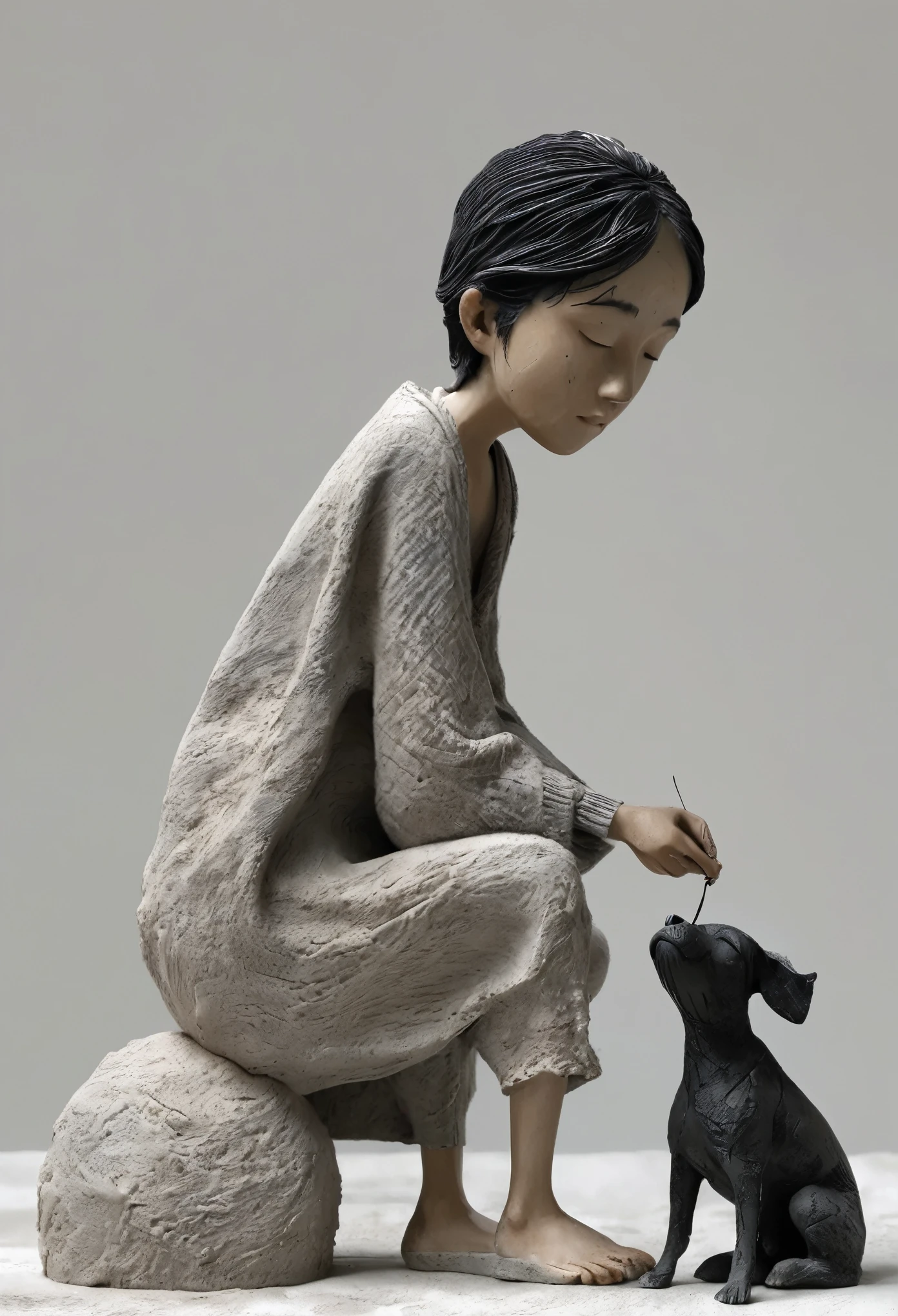 (best quality:1.2),ultra-light Clay, Clay, Pottery, Rough knitted texture, distressed, dirty, mineral pigments, 3D Clay sculpture art, Clay sculpture, Rough surface, (pack，Skinny kid and dog，solitary figure，whole body，Barefoot，Black Slope,Slope background,Gray background,cover up,Solitary,permanent)