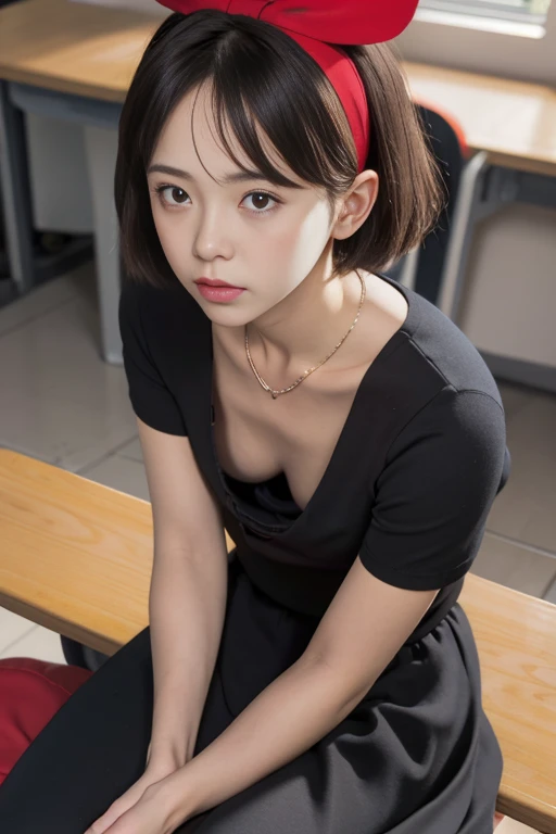 Down blouse, 15 year old female student , munechira,(((Small breasts))),Flat Chest ,avert your eyes, Bend your body , From above , Long skirt, close, necklace ,In the classroom, Detailed Bra Overlap T-Shirt,  short hair,8k, highest quality, masterpiece, Ultra-high resolution, (realism: 1.4), Original photo, (Real skin texture: 1.3)、Headbands with red ribbons