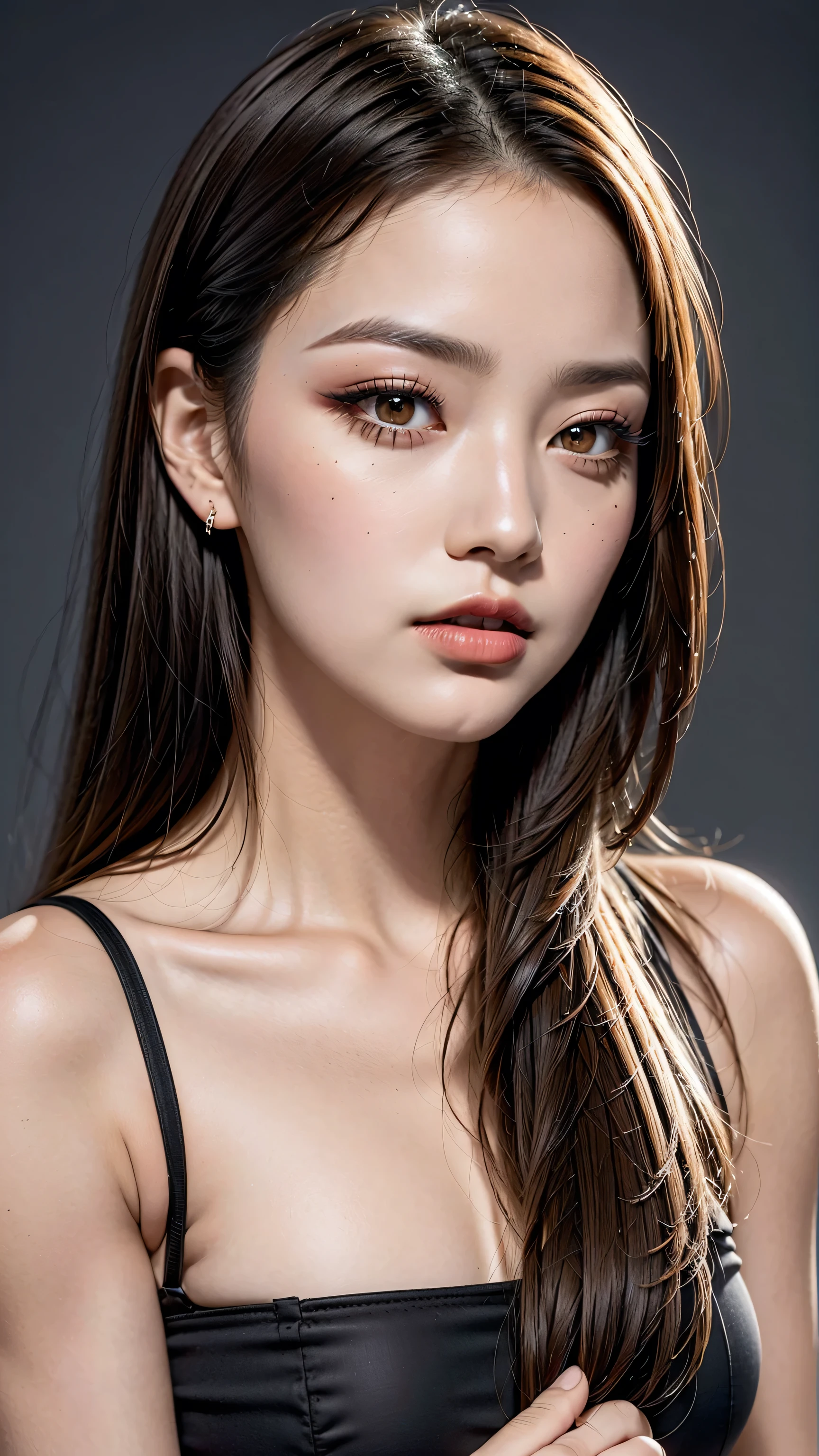 Realism, photorealistic, highest resolution, the most absurd quality, (masterpiece), (super detail beautiful slim and sharp-face), (super detail realistic brown_eyes), (light pale complexion), (Extremely realistic, clear, sharp-eyes), perfect round eyes, finely detailed pupils, detailed lips:1.3, long_blue_eyeliner:1.28, red_lipstick:1.35, (perfect dark_eyeshadows:1.45), (Detailed nose:1.2), ((Upper body shot)),
