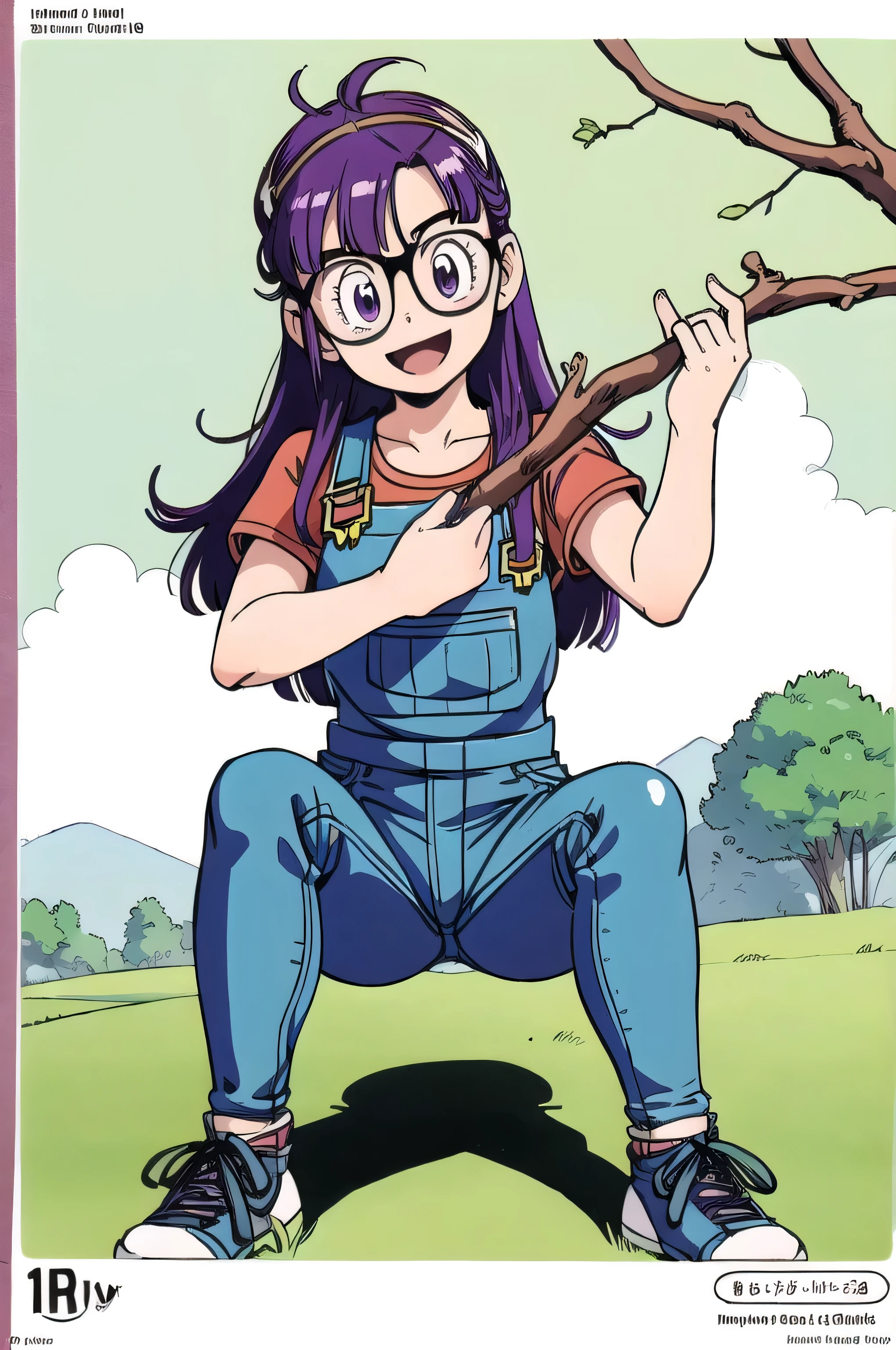 (masterpiece, highest quality, Anime image quality, High resolution, Anime Style, Clean brush strokes, Very detailed, Perfect Anatomy), One girl, alone, Arale, grin, Glasses, blue eyes, Long Purple Hair, complete nudity, flat chest, Low Body, Chunky, (Gravel road, Village Background), 