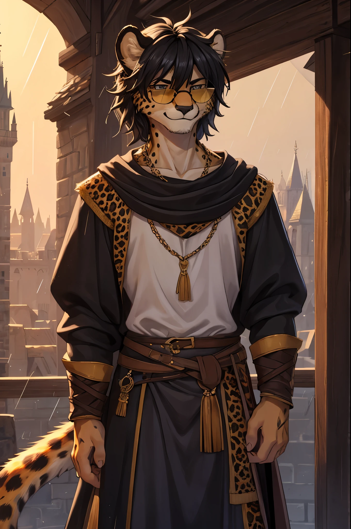 Cheetah, antro, male, solo, non-human, medieval clothes, Rain, younger, 20 years old, taller, messy hair, cheetah face, slim body, cheetah tail, sun glasses, black hair, little smile, furry