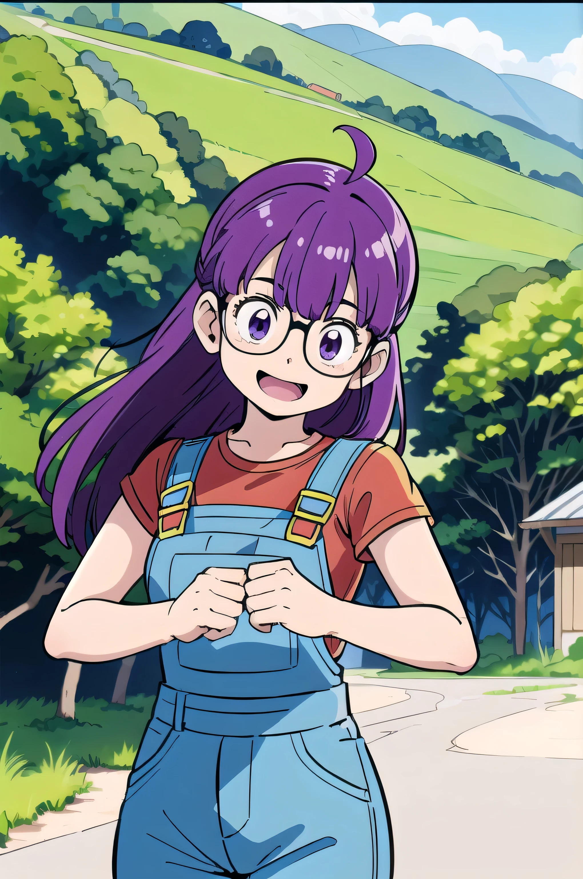 (masterpiece, highest quality, Anime image quality, High resolution, Anime Style, Clean brush strokes, Very detailed, Perfect Anatomy),One girl, alone, Arale, Glasses, Blue Order, Long Hair,Purple Hair, Short sleeve, Wing Cap, Red Shirt, (Overalls Jeans、blue), Low Body、Chunky、(Have a tree branch、Poop sting)、 smile,Cheerful pose, refer to４Bookの中に親refer to１Book, (Gravel road、Village Background)、