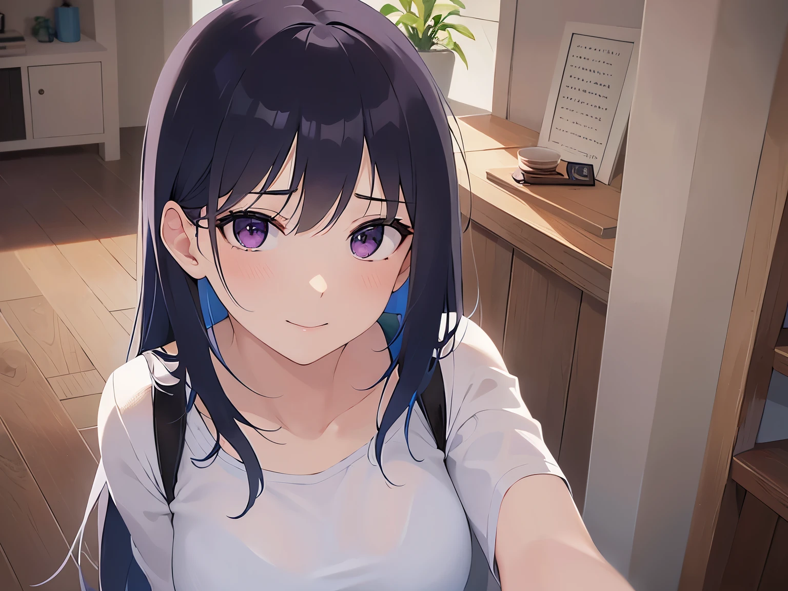 looking up, Shooting from above、Placing hand on chest、Biologically correct five fingers、Upper Body, Realistic, real person, (pale skin: 1.2), RAW photo, photorealistic, shiny skin, shiny hair、(A 25-year-old woman with straight hair and bangs) and (medium hair) and (black hair) and (purple eyes) , (white) and (T-shirt) 、smile, The background is the living room、Alone、Are standing