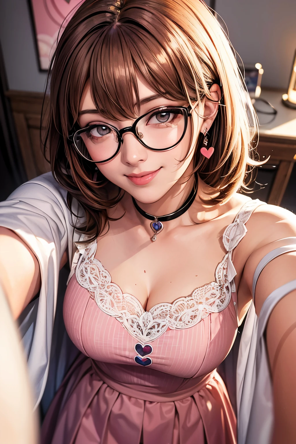 selfie from above, best quality, super fine, 16k, incredibly absurdres, extremely detailed, intelligent beauty, glasses, cute winking smile, hearts painted on her cheeks, portrait