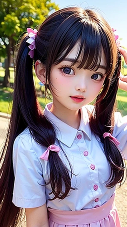 Small face、(highest quality, masterpiece), One girl, Twin tails、Pause, particle, Wind, flower, Upper Body, Simple Background, View your viewers, , Milky Way,smile、(red、purple、Two-tone long hair)、cute、Twin tails、blue sky、cherry blossoms、、Small Earrings、(Semi-transparent、green、sexy、See-through.pink、ta Uniform)