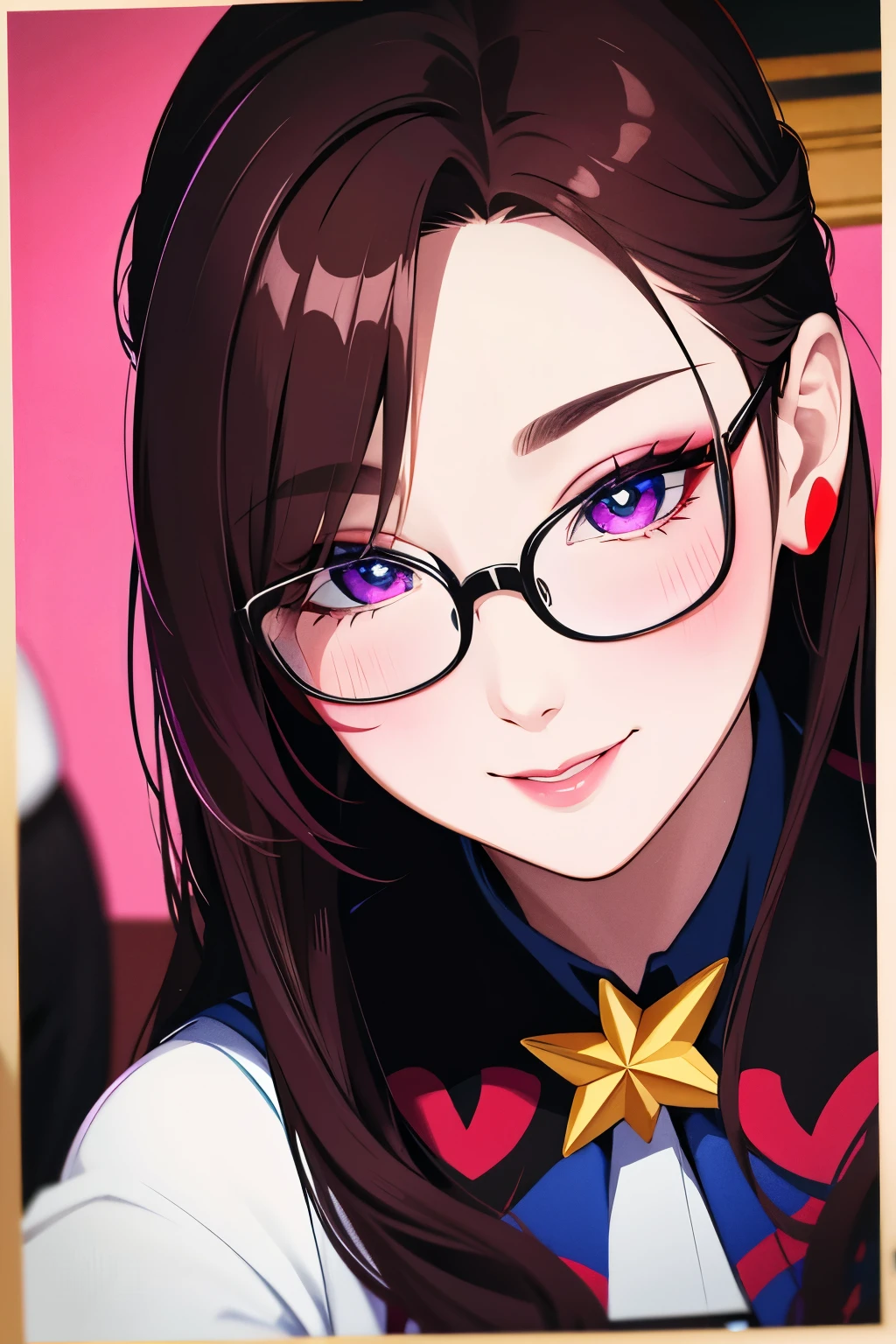 selfie from above, best quality, super fine, 16k, incredibly absurdres, extremely detailed, intelligent beauty, glasses, cute winking smile, hearts painted on her cheeks, portrait