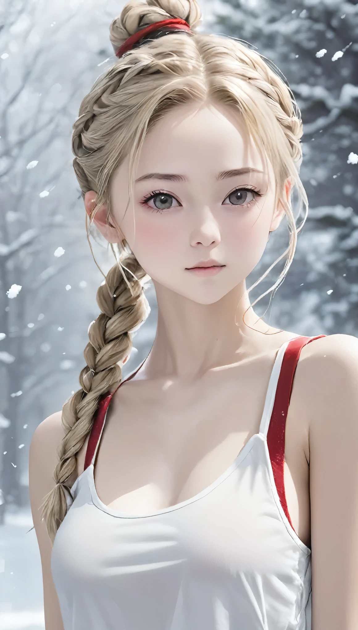 Realistic portraits、Perfect Anatomy、Young European Woman、Grey blonde girl、Loosely tied braids、Very realistic face、Ultimate beauty、Slender body、Snow-like skin、、Attractive ass、Awkward ass、(((White tank top and red T-back)))、highest quality、High resolution、High resolution、Cinema Lighting、Professional Photographer
