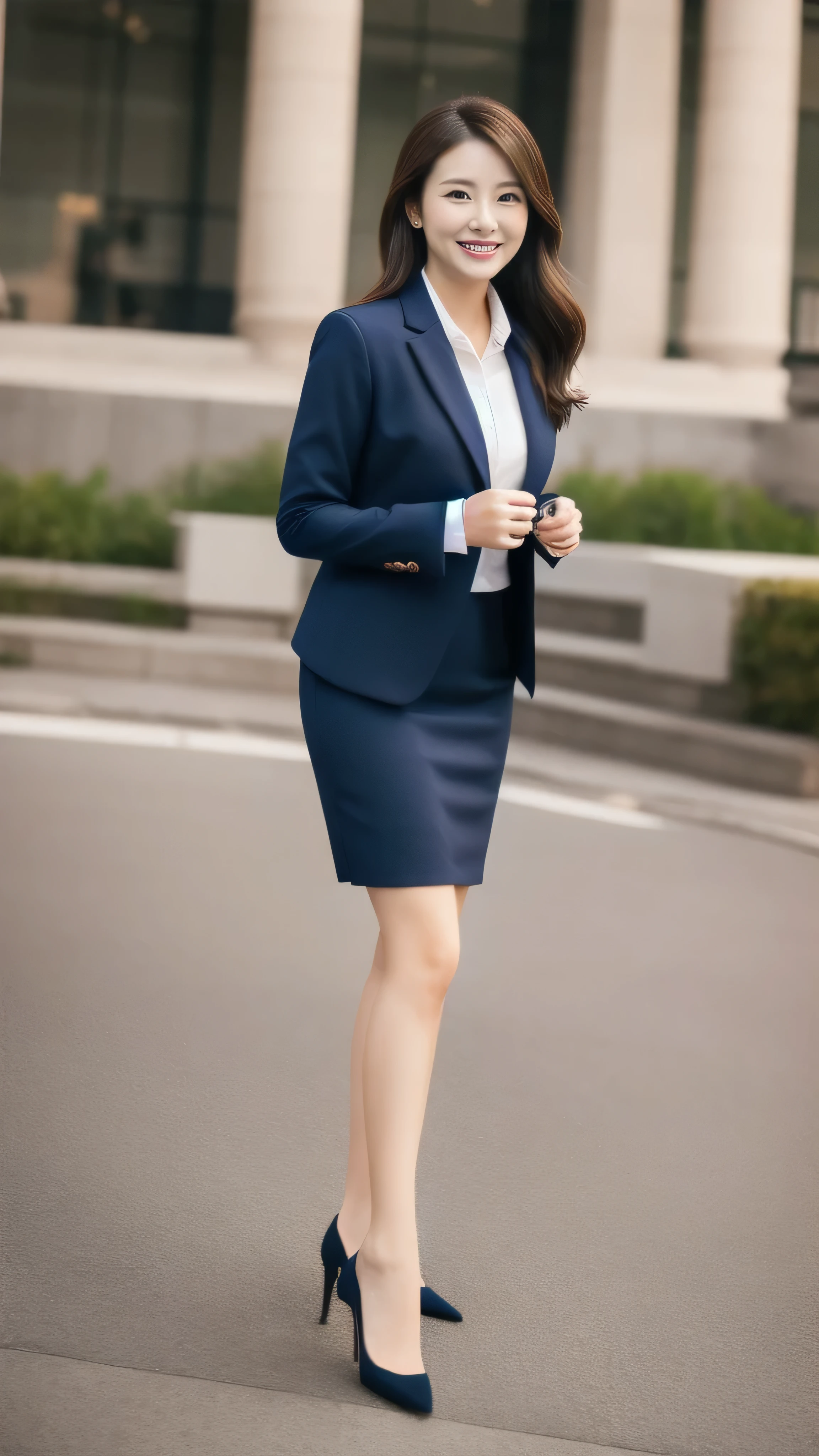 Married Woman's Face、30 years old、Middle-aged women、Business jacket、skirt、Beautiful legs、High quality、Ultra-realistic、A cheerful smile、Married woman's body type、Japanese Wife、 Perfect Eyes、Radiant Skin、Tokyo Station