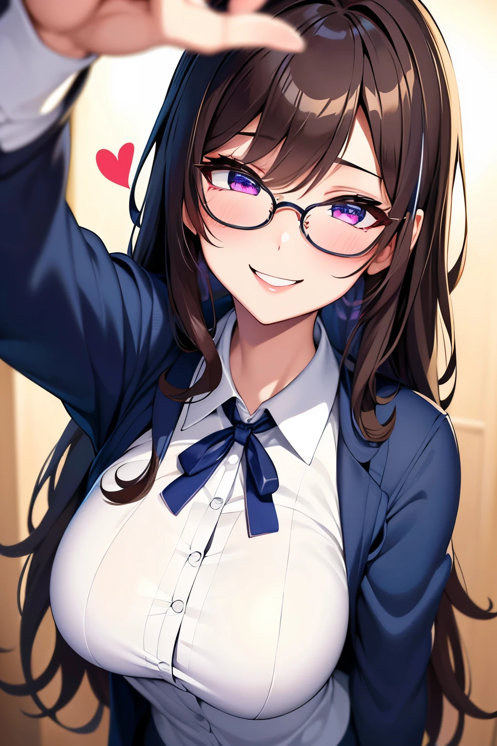 selfie from above, best quality, super fine, 16k, incredibly absurdres, extremely detailed, intelligent beauty, glasses, cute winking smile, hearts painted on her cheeks, portrait