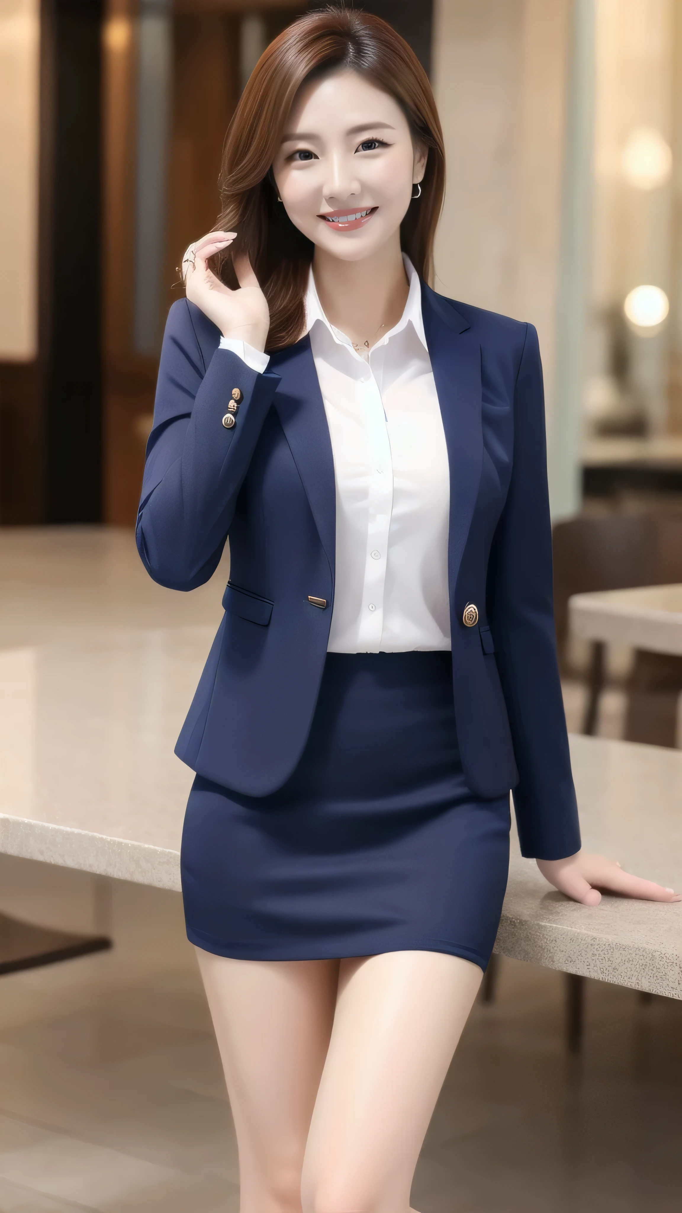 Married Woman's Face、30 years old、Middle-aged women、Business jacket、skirt、Beautiful legs、High quality、Ultra-realistic、A cheerful smile、Married woman&#39;s body type、Japanese Wife、 Perfect Eyes、Radiant Skin、In a crowded train